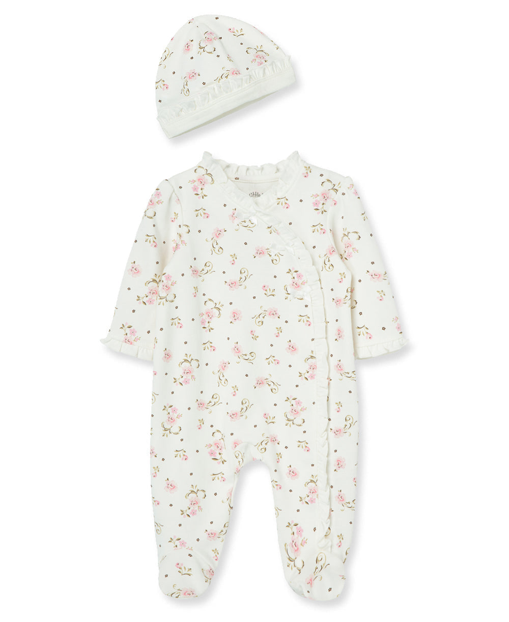 Little Me Vintage Rose Footed One-Piece And Hat - Ivory Print, 3M