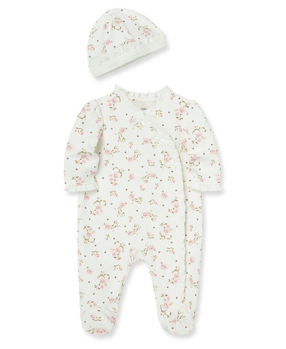 Little Me Vintage Rose Footed One-Piece And Hat - Ivory Print, NB