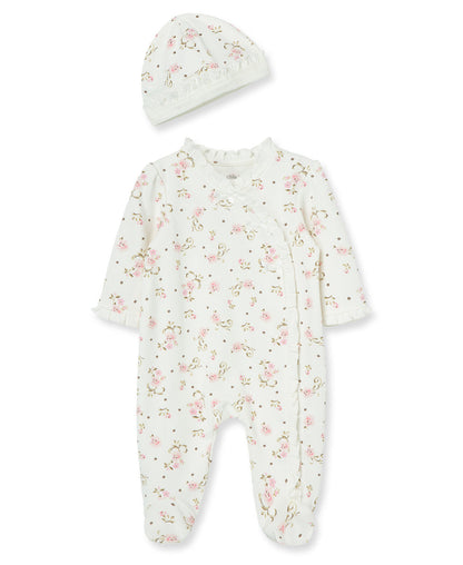 Little Me Vintage Rose Footed One-Piece And Hat - Ivory Print, NB