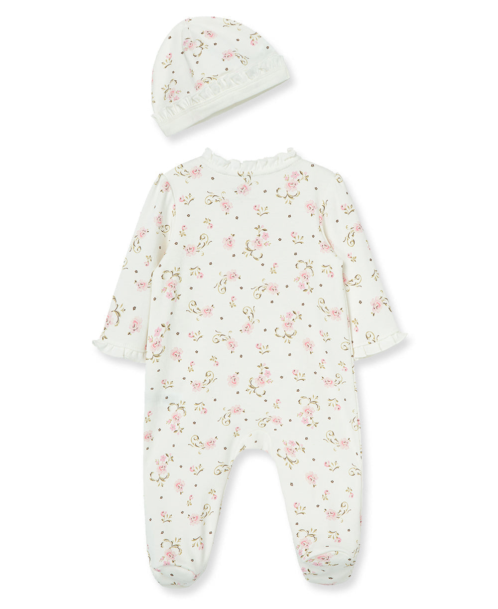 Little Me Vintage Rose Footed One-Piece And Hat - Ivory Print, Preemie