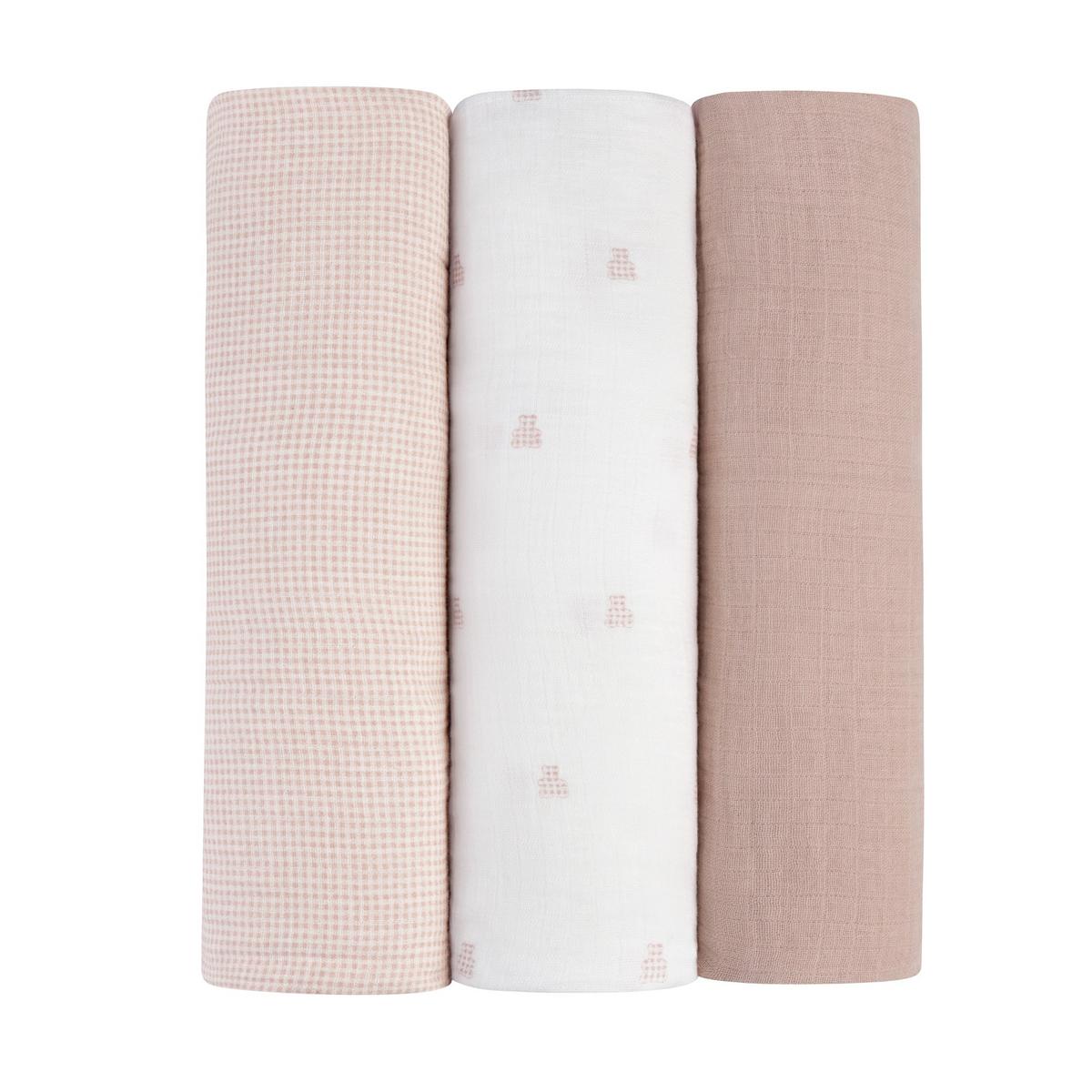 Ely's & Co. 3 Pack Muslin Swaddles - Gingham Bear Collection - Pink
