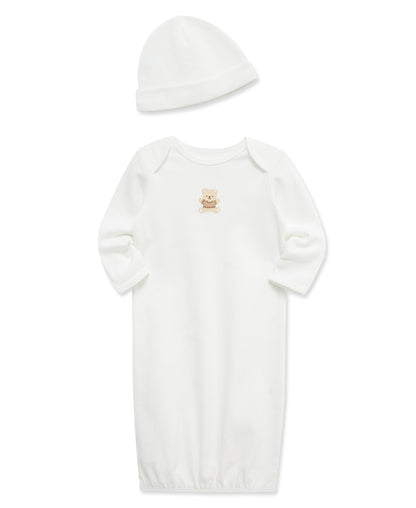 Little Me Gentle Bear Sleeper Gown and Hat - Ivory, 0-3M