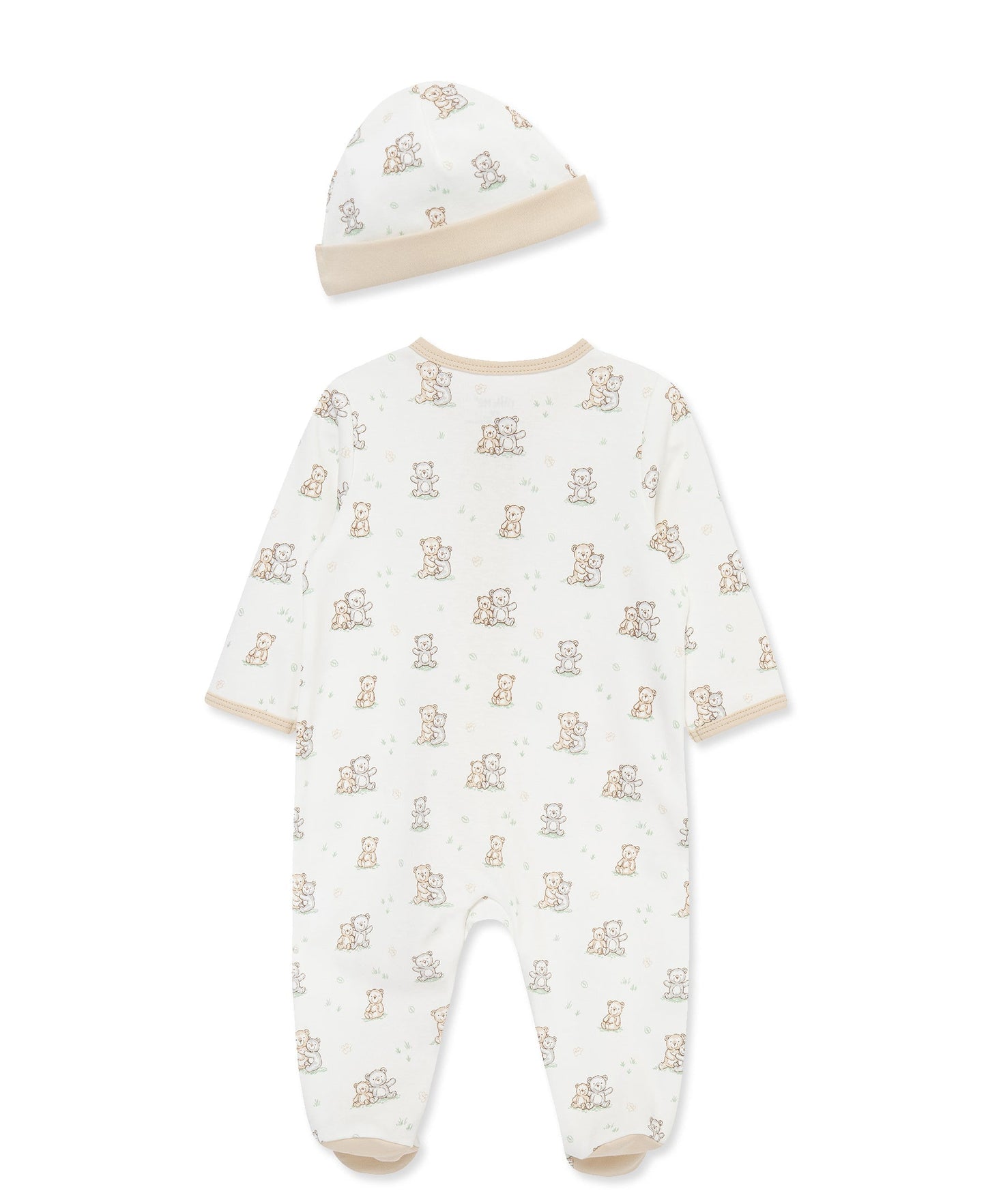 Little Me Fuzzy Bears 2-Way-Zip Footed One-Piece and Hat - White Print, 3M
