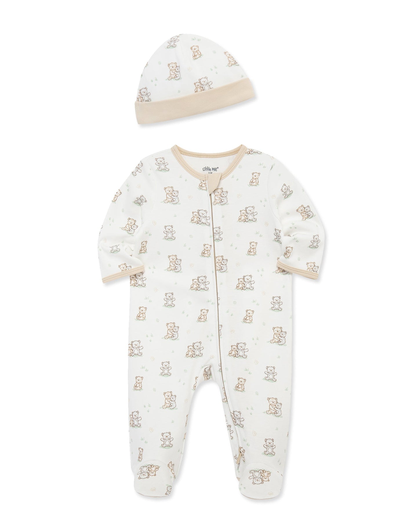 Little Me Fuzzy Bears 2-Way-Zip Footed One-Piece and Hat - White Print, 3M
