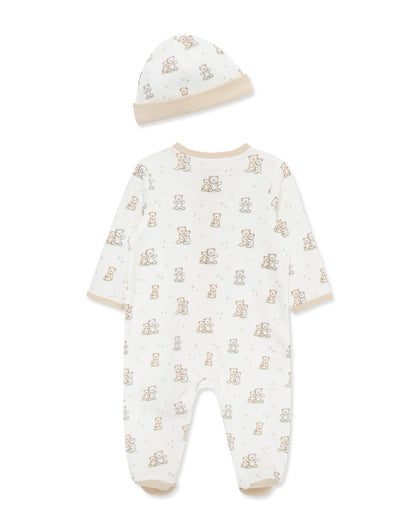 Little Me Fuzzy Bears 2-Way-Zip Footed One-Piece and Hat - White Print, NB