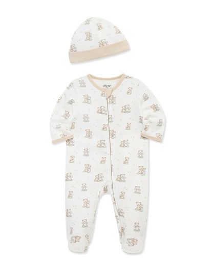 Little Me Fuzzy Bears 2-Way-Zip Footed One-Piece and Hat - White Print, NB