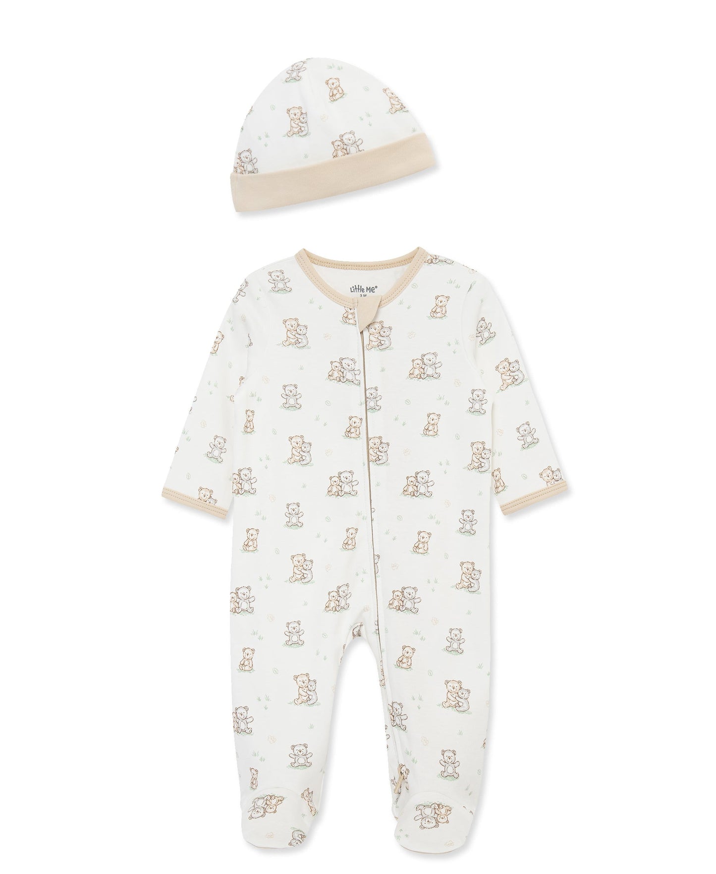 Little Me Fuzzy Bears 2-Way-Zip Footed One-Piece and Hat - White Print, NB
