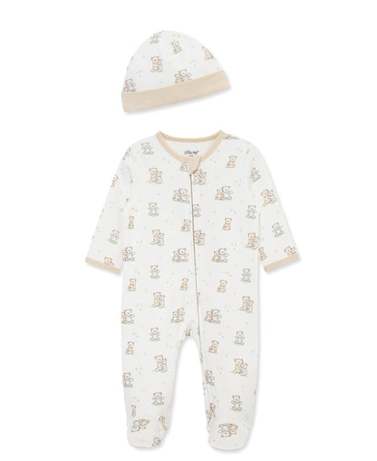 Little Me Fuzzy Bears 2-Way-Zip Footed One-Piece and Hat - White Print, NB
