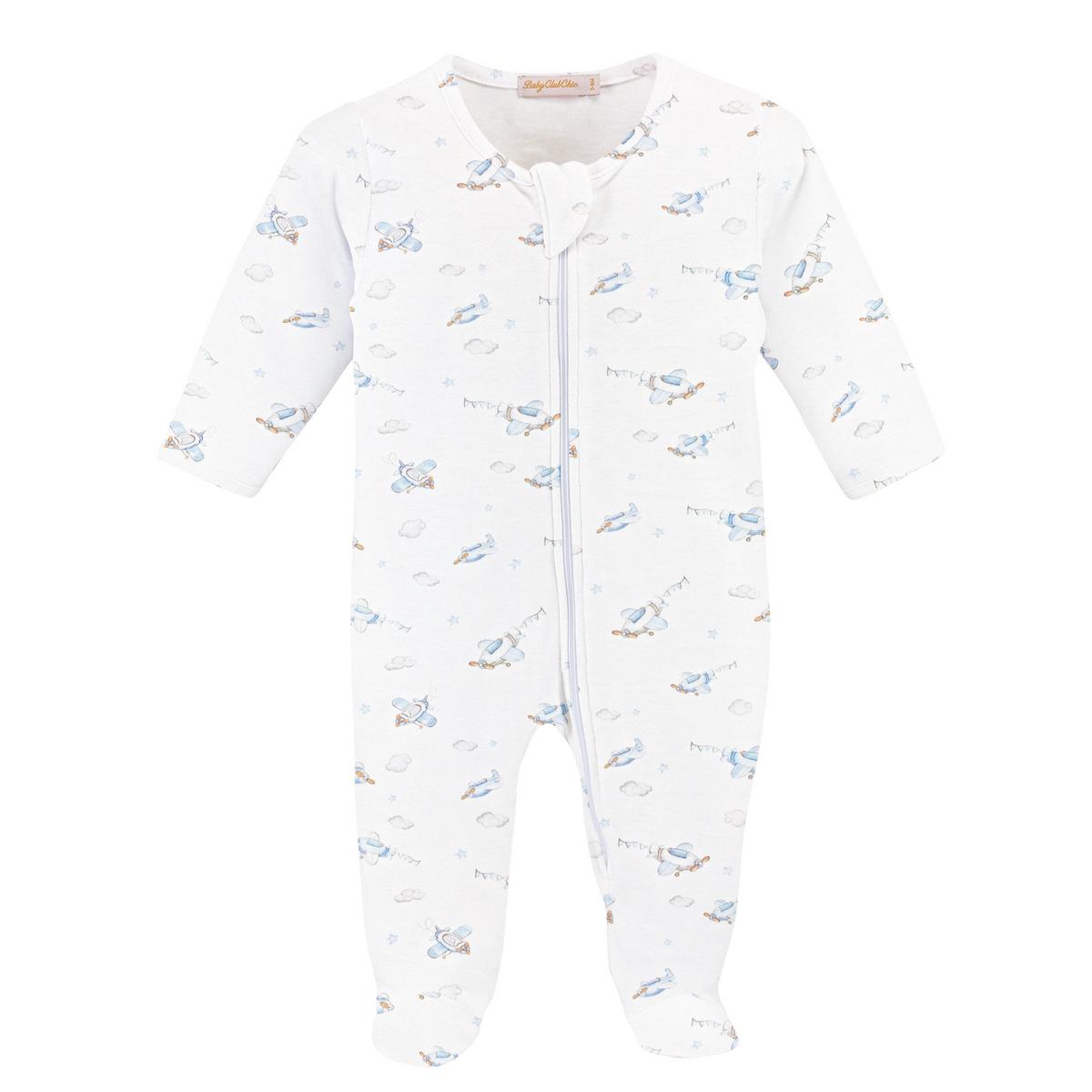 Baby Club Chic white footed sleeper with blue airplane and cloud print