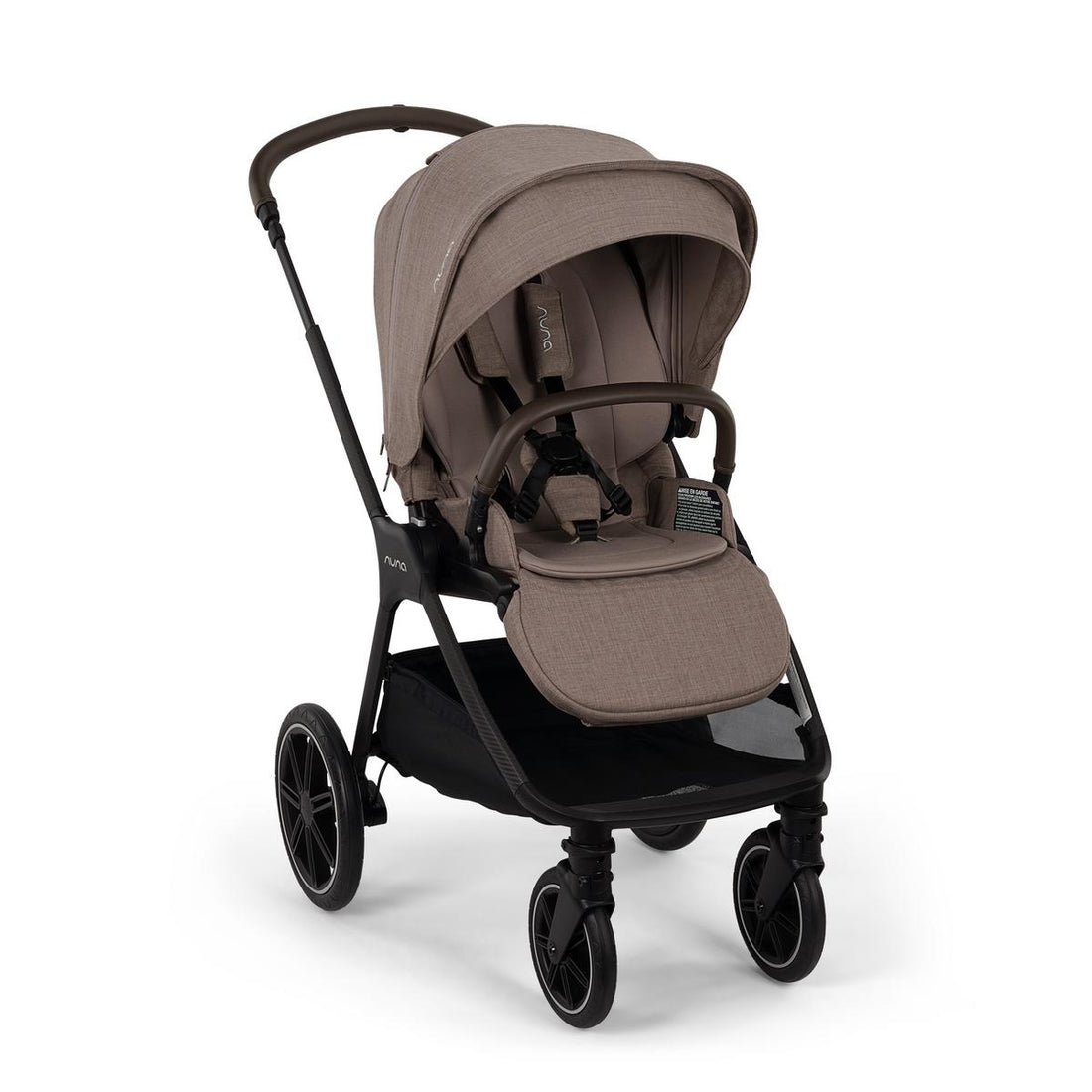 Nuna Mixx Next stroller in tan with black frame and brown leatherette handle