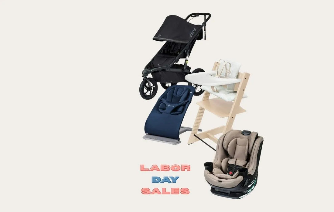 labor day sales at albee baby. stroller, bouncer, high chair and car seat against a beige background.