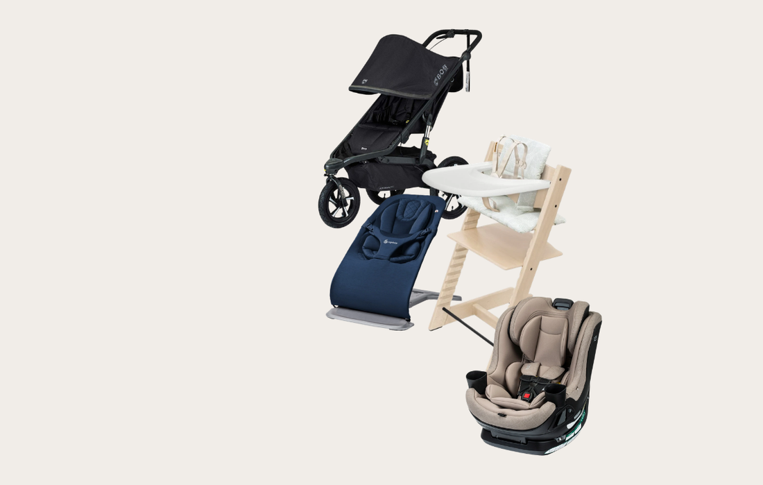 labor day sales at albee baby. stroller, bouncer, high chair and car seat against a beige background.