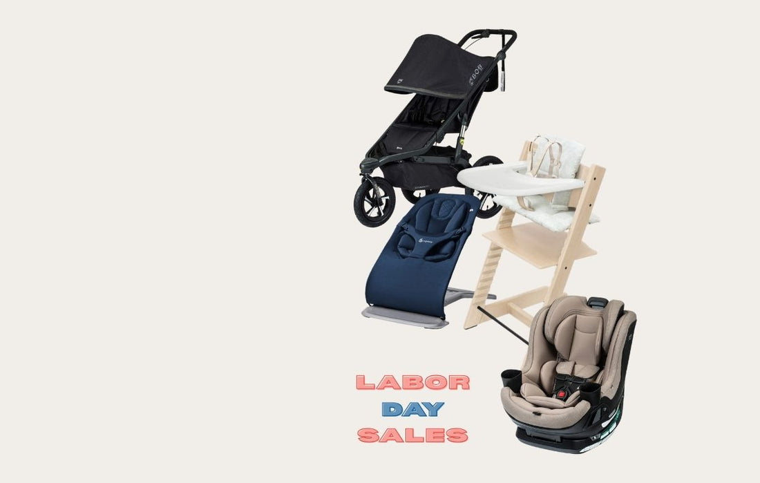 labor day sales at albee baby. stroller, bouncer, high chair and car seat against a beige background.