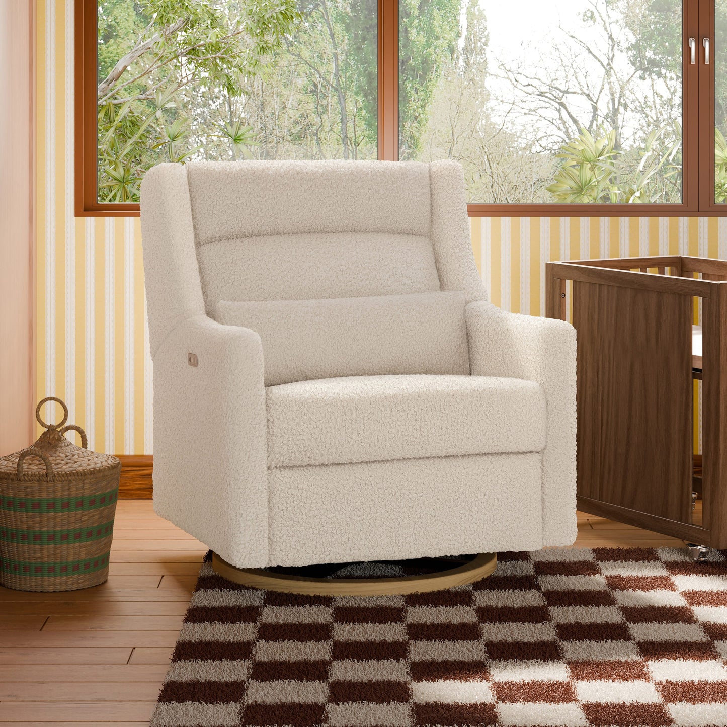 Babyletto Kiwi Plus Chair and a Half Power Recliner and Swivel Glider with Power Adjustable Headrest and USB Port - Almond Teddy Loop with Light Wood Base