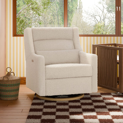 Babyletto Kiwi Plus Chair and a Half Power Recliner and Swivel Glider with Power Adjustable Headrest and USB Port - Almond Teddy Loop with Light Wood Base