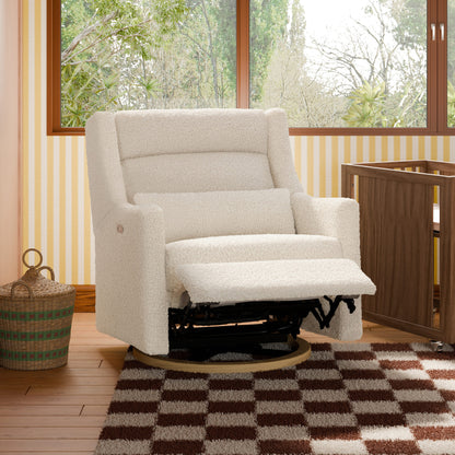 Babyletto Kiwi Plus Chair and a Half Power Recliner and Swivel Glider with Power Adjustable Headrest and USB Port - Almond Teddy Loop with Light Wood Base