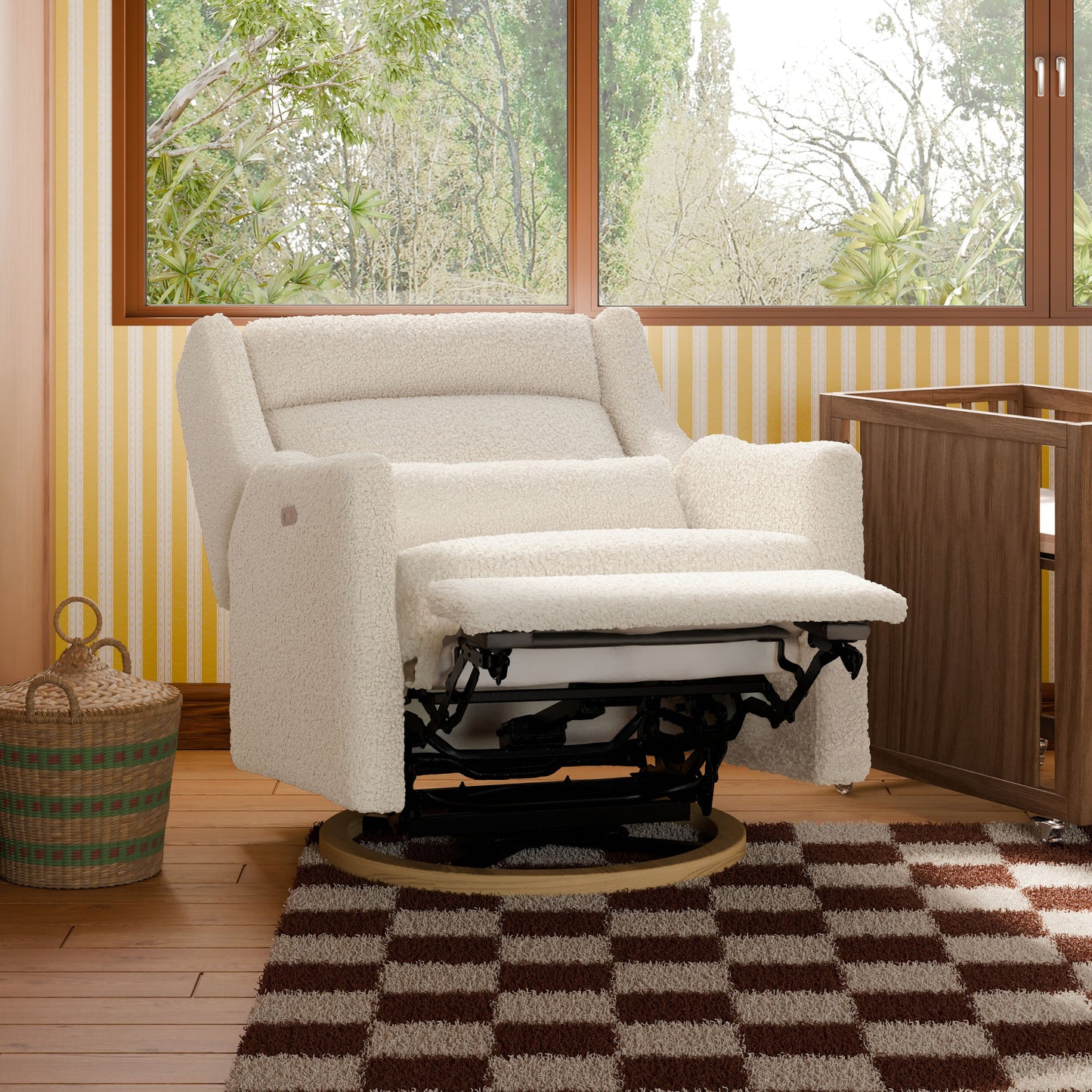 Babyletto Kiwi Plus Chair and a Half Power Recliner and Swivel Glider with Power Adjustable Headrest and USB Port - Almond Teddy Loop with Light Wood Base