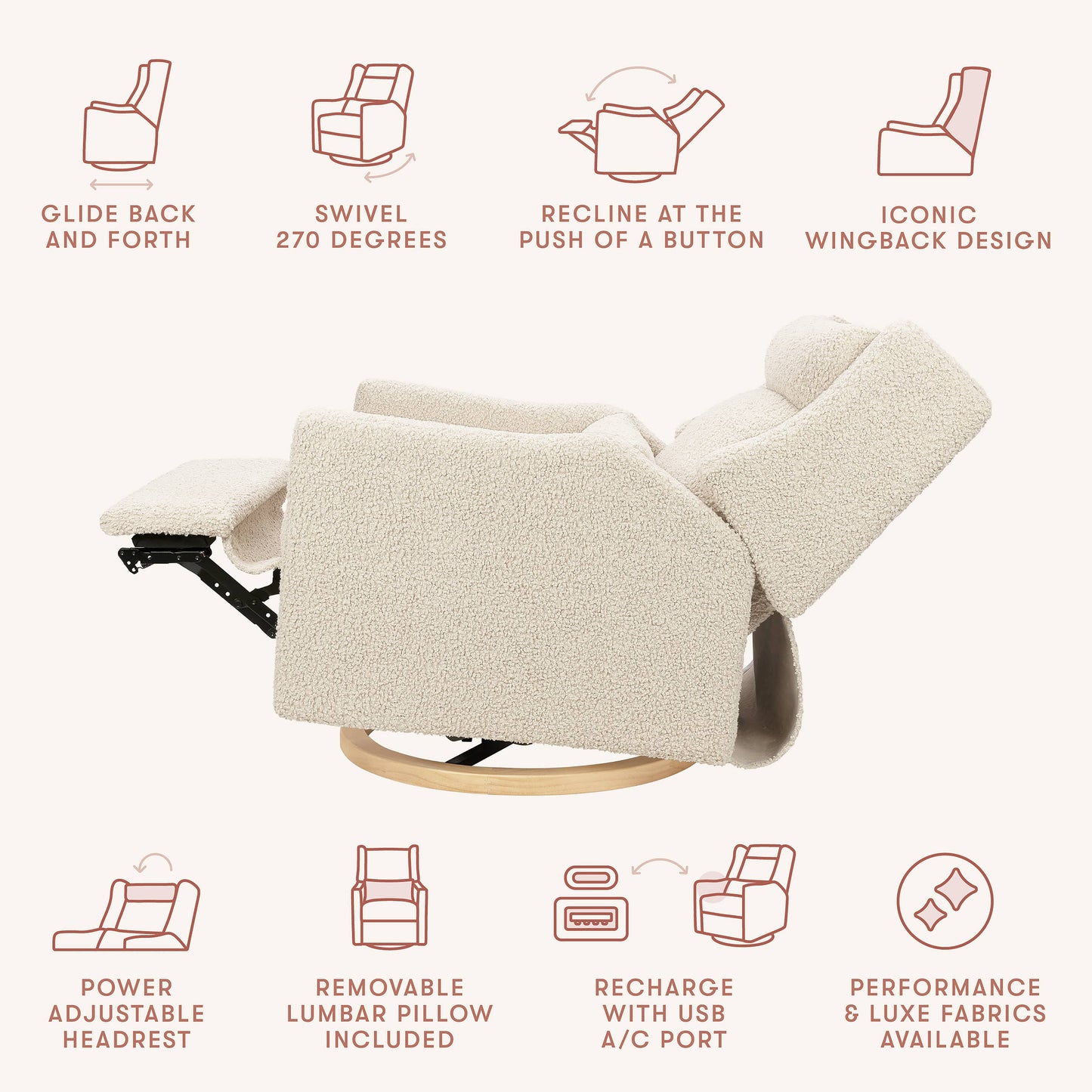 Babyletto Kiwi Plus Chair and a Half Power Recliner and Swivel Glider with Power Adjustable Headrest and USB Port - Almond Teddy Loop with Light Wood Base