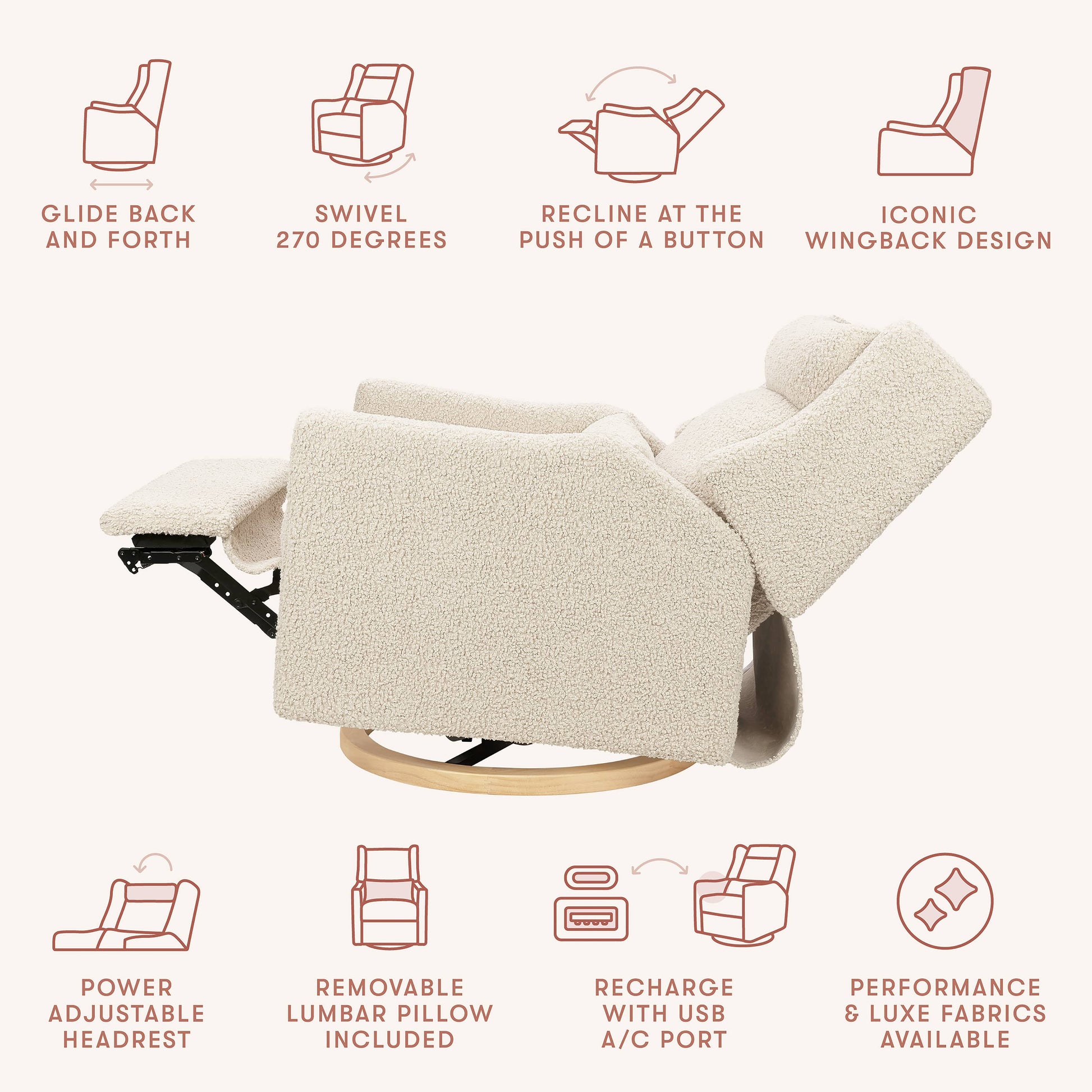 Babyletto Kiwi Plus Chair and a Half Power Recliner and Swivel Glider with Power Adjustable Headrest and USB Port - Almond Teddy Loop with Light Wood Base