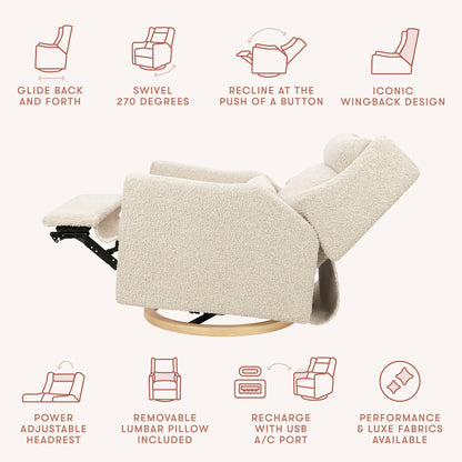 Babyletto Kiwi Plus Chair and a Half Power Recliner and Swivel Glider with Power Adjustable Headrest and USB Port - Almond Teddy Loop with Light Wood Base