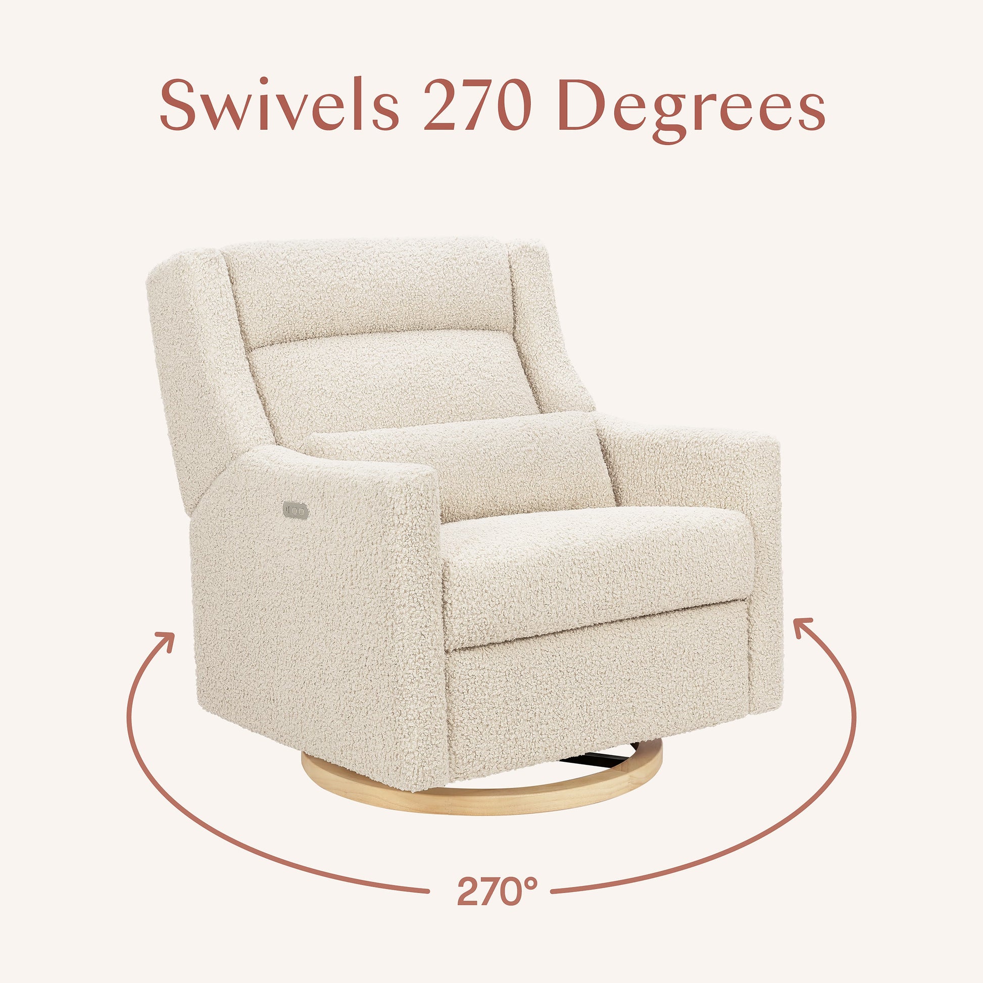 Babyletto Kiwi Plus Chair and a Half Power Recliner and Swivel Glider with Power Adjustable Headrest and USB Port - Almond Teddy Loop with Light Wood Base