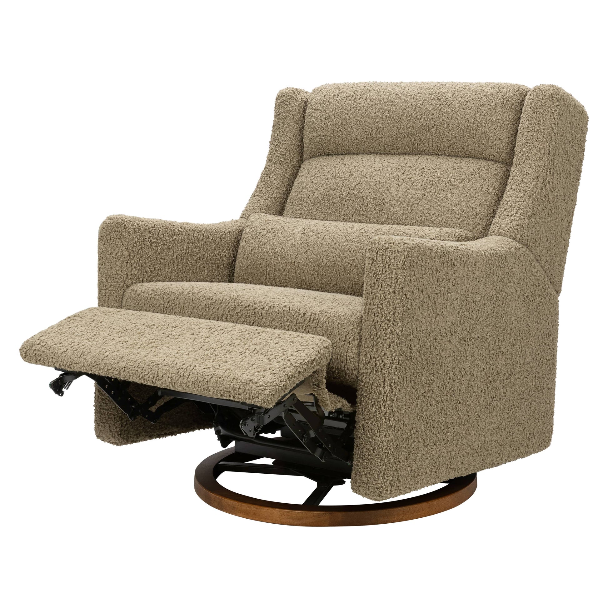 Babyletto Kiwi Plus Chair and a Half Power Recliner and Swivel Glider with Power Adjustable Headrest and USB Port - Latte Teddy Loop with Dark Wood Base