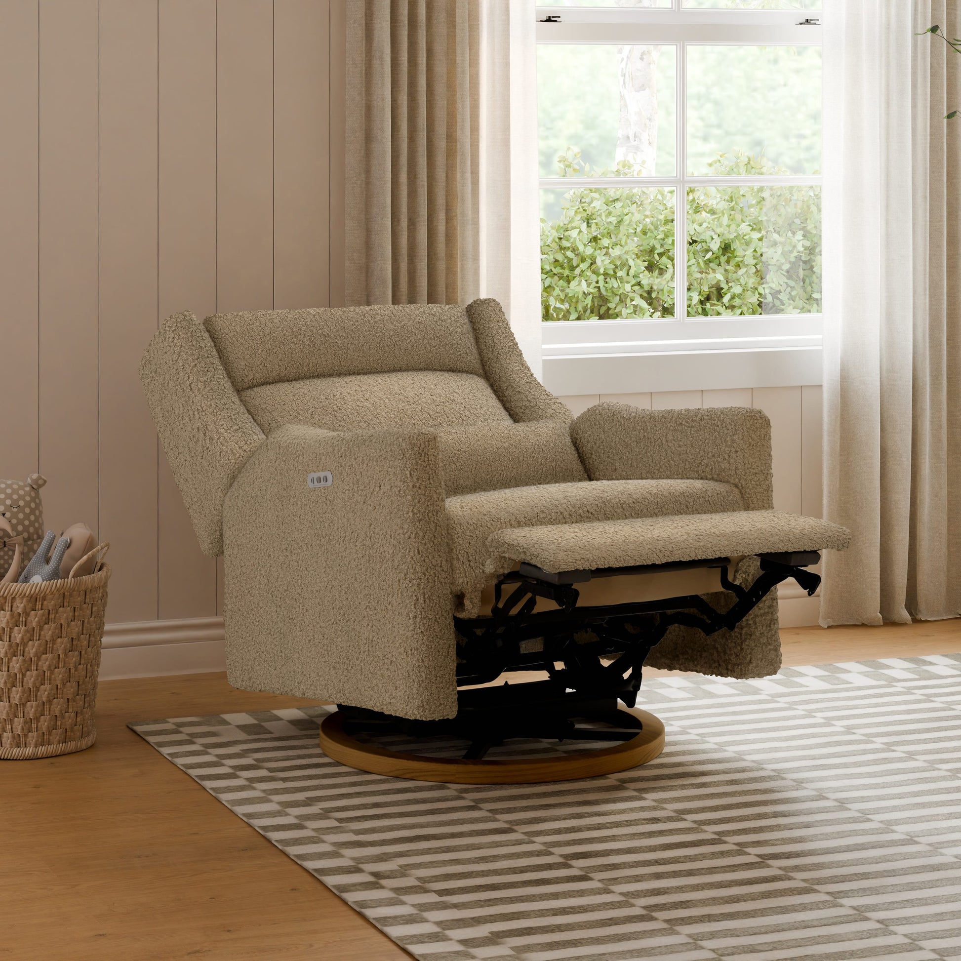 Babyletto Kiwi Plus Chair and a Half Power Recliner and Swivel Glider with Power Adjustable Headrest and USB Port - Latte Teddy Loop with Dark Wood Base