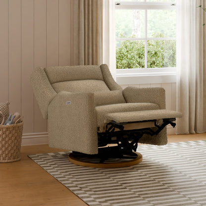 Babyletto Kiwi Plus Chair and a Half Power Recliner and Swivel Glider with Power Adjustable Headrest and USB Port - Latte Teddy Loop with Dark Wood Base