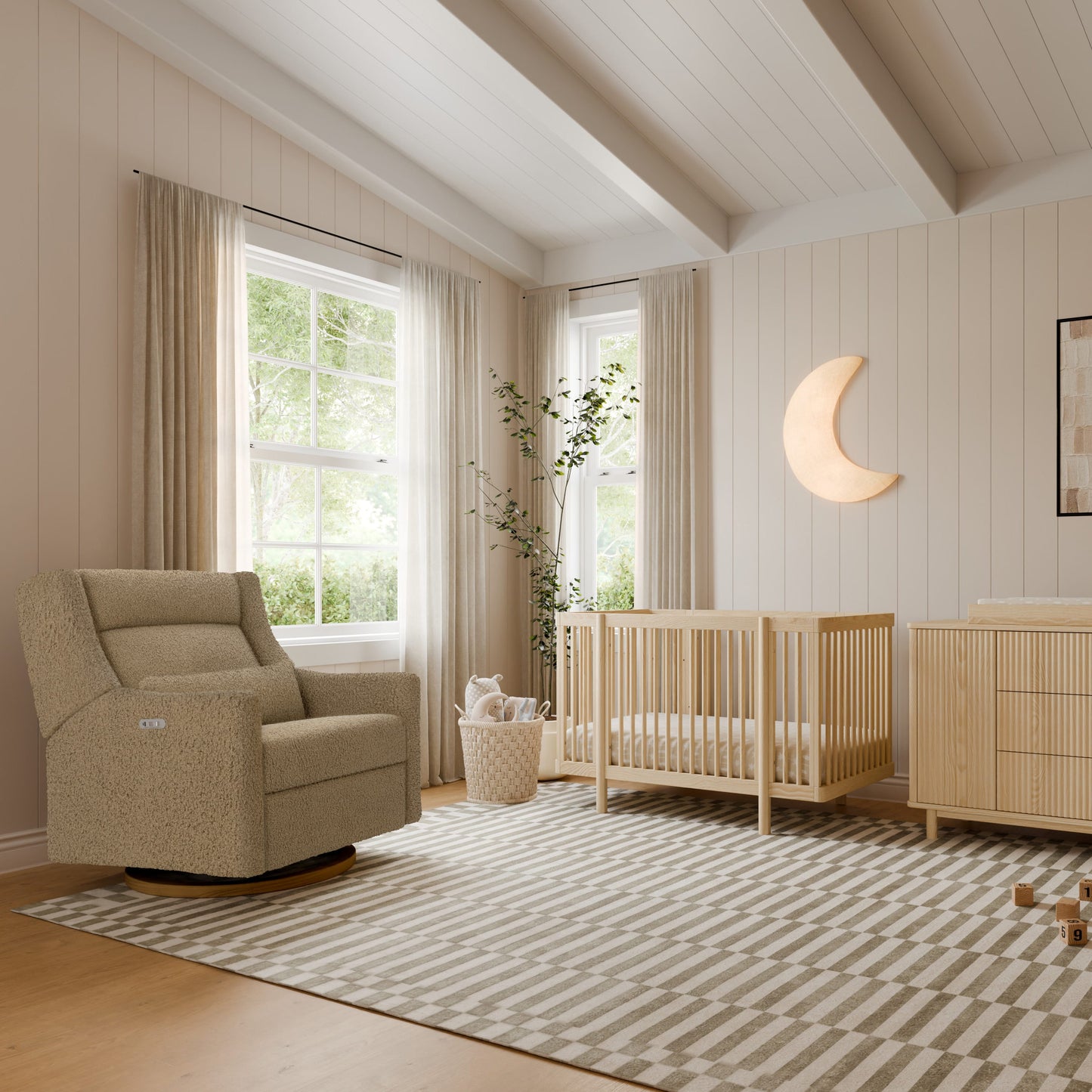 Babyletto Kiwi Plus Chair and a Half Power Recliner and Swivel Glider with Power Adjustable Headrest and USB Port - Latte Teddy Loop with Dark Wood Base