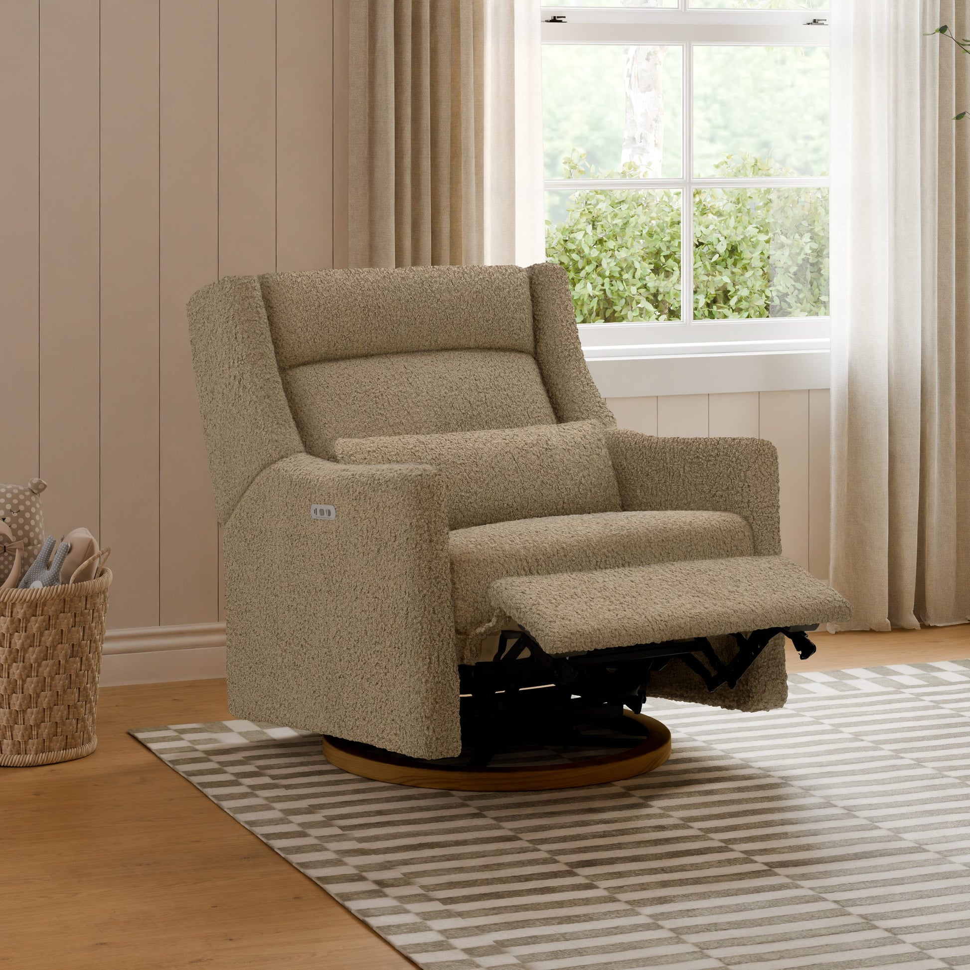 Babyletto Kiwi Plus Chair and a Half Power Recliner and Swivel Glider with Power Adjustable Headrest and USB Port - Latte Teddy Loop with Dark Wood Base