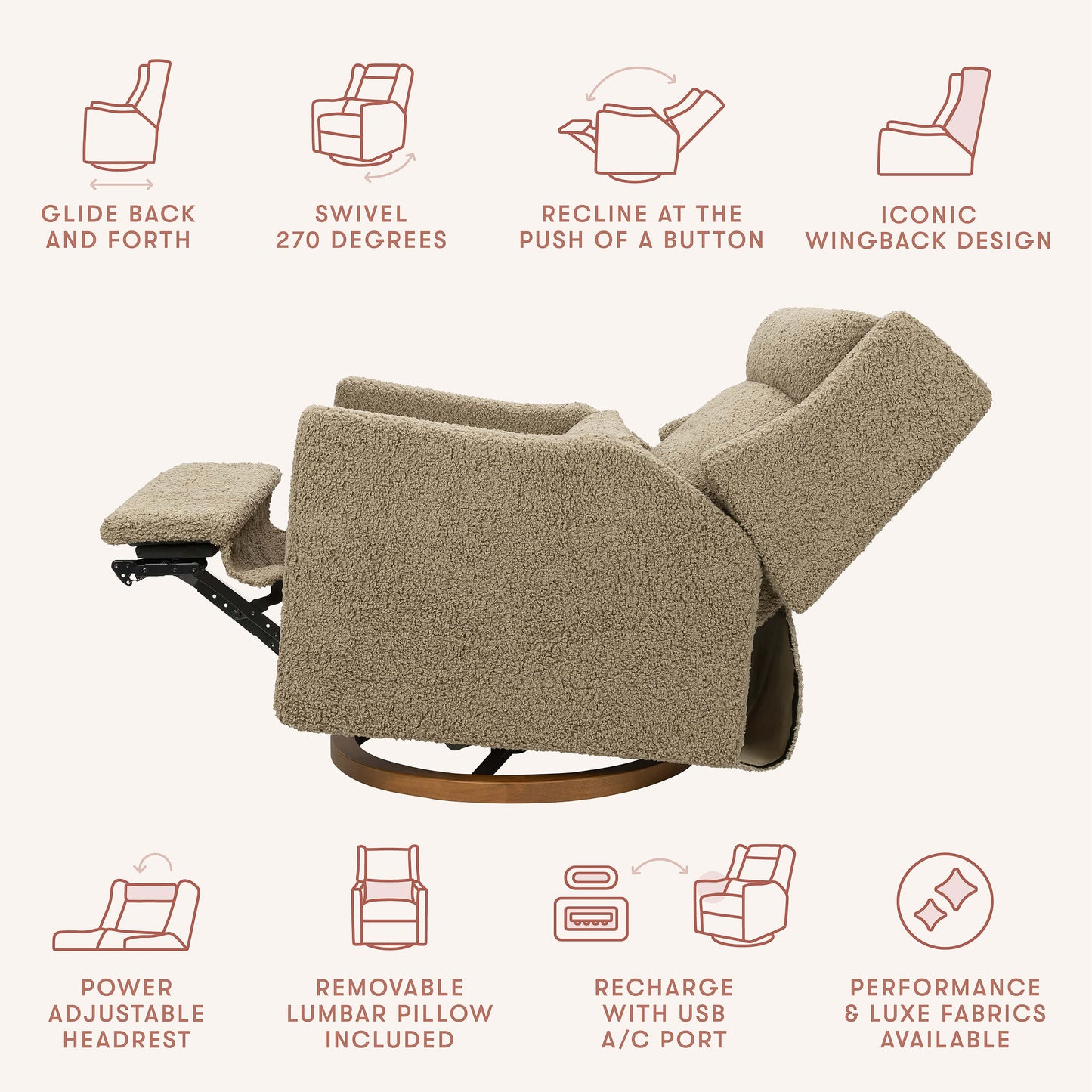 Babyletto Kiwi Plus Chair and a Half Power Recliner and Swivel Glider with Power Adjustable Headrest and USB Port - Latte Teddy Loop with Dark Wood Base