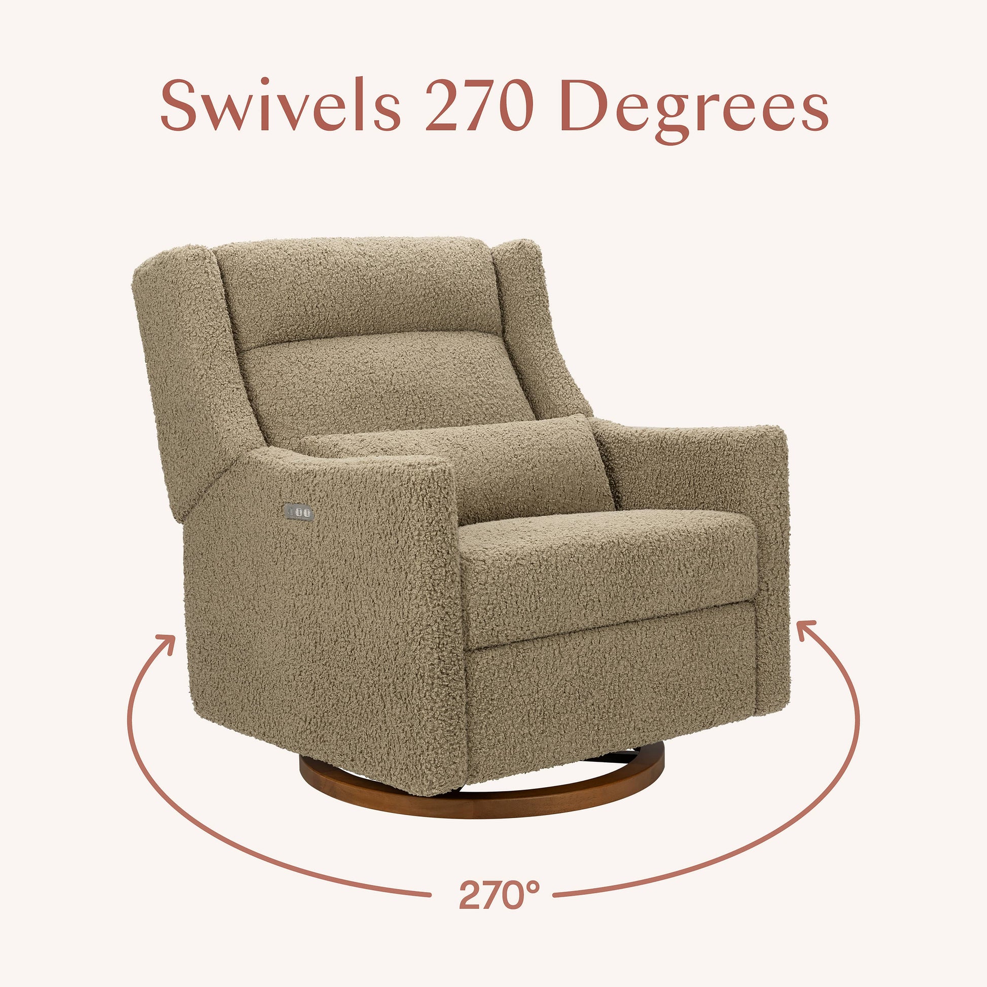Babyletto Kiwi Plus Chair and a Half Power Recliner and Swivel Glider with Power Adjustable Headrest and USB Port - Latte Teddy Loop with Dark Wood Base