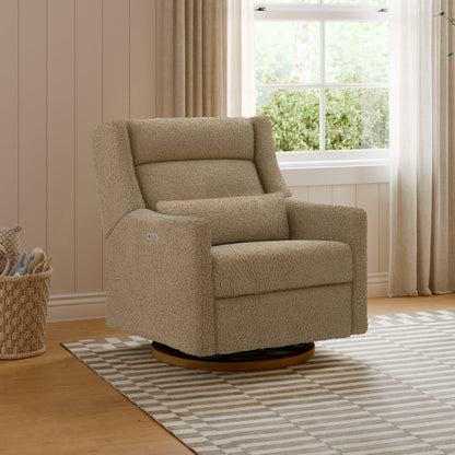 Babyletto Kiwi Plus Chair and a Half Power Recliner and Swivel Glider with Power Adjustable Headrest and USB Port - Latte Teddy Loop with Dark Wood Base