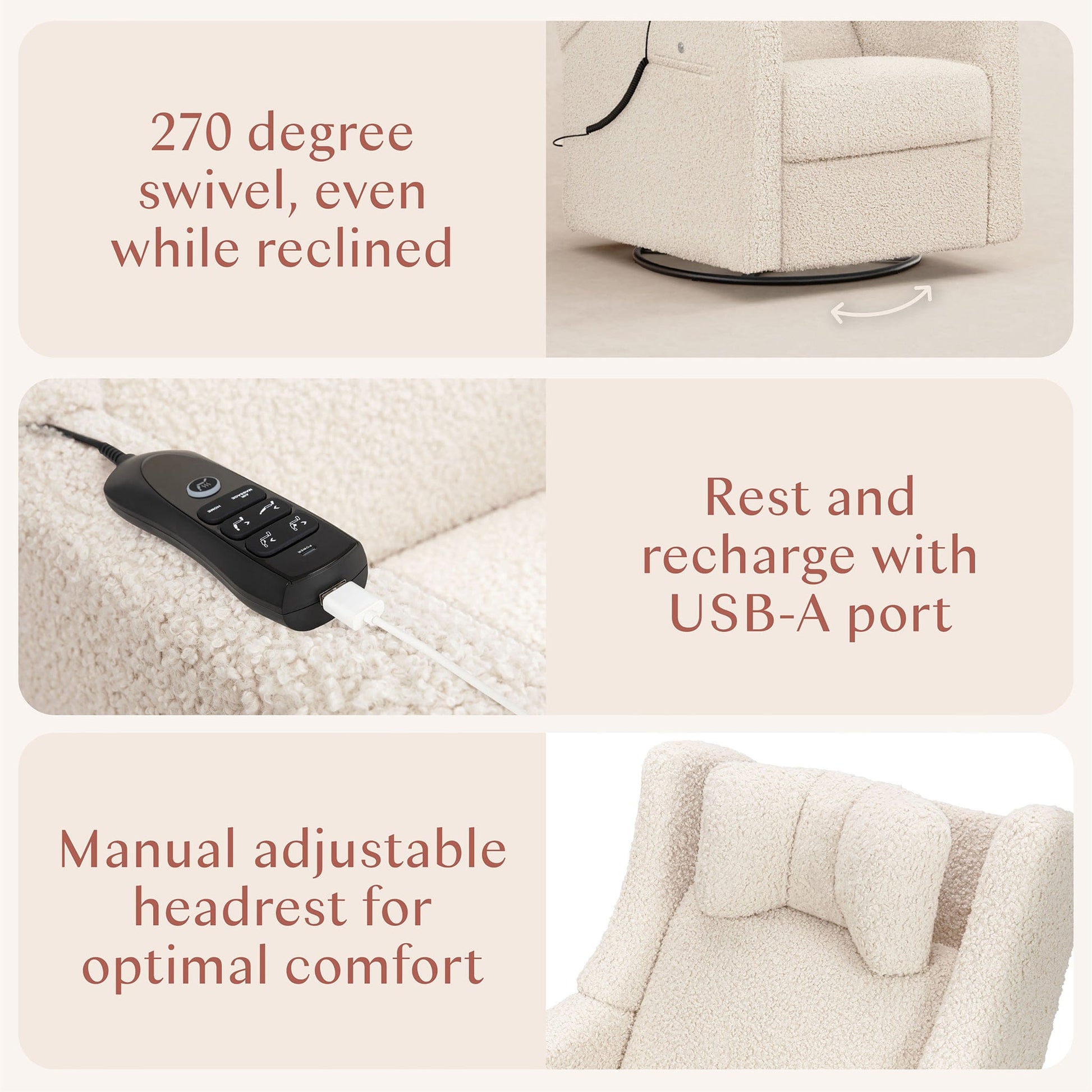 Babyletto Kiwi Deluxe Power Recliner and Swivel Glider with Heat and Massage - Almond Teddy Loop - M11283AT