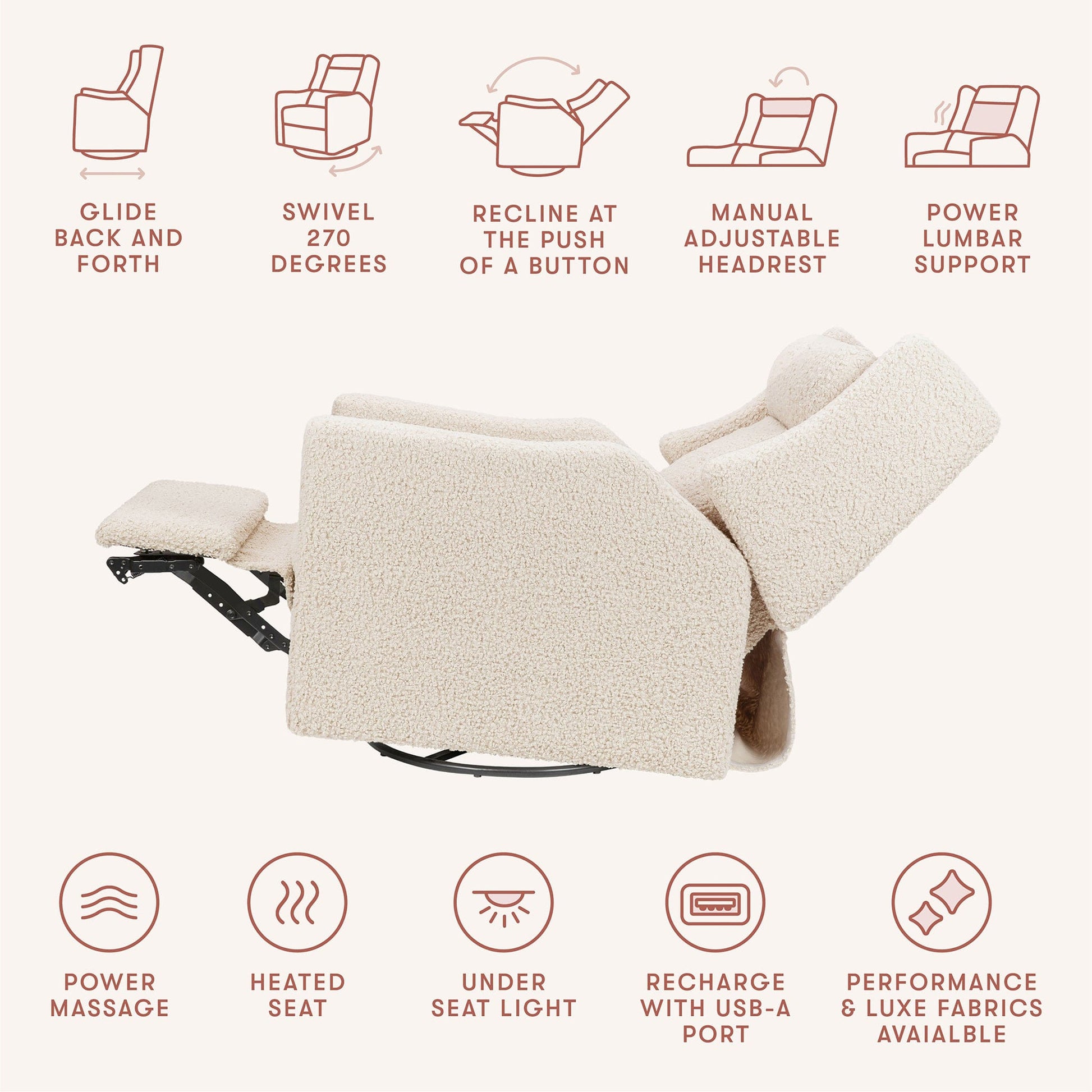 Babyletto Kiwi Deluxe Power Recliner and Swivel Glider with Heat and Massage - Almond Teddy Loop - M11283AT