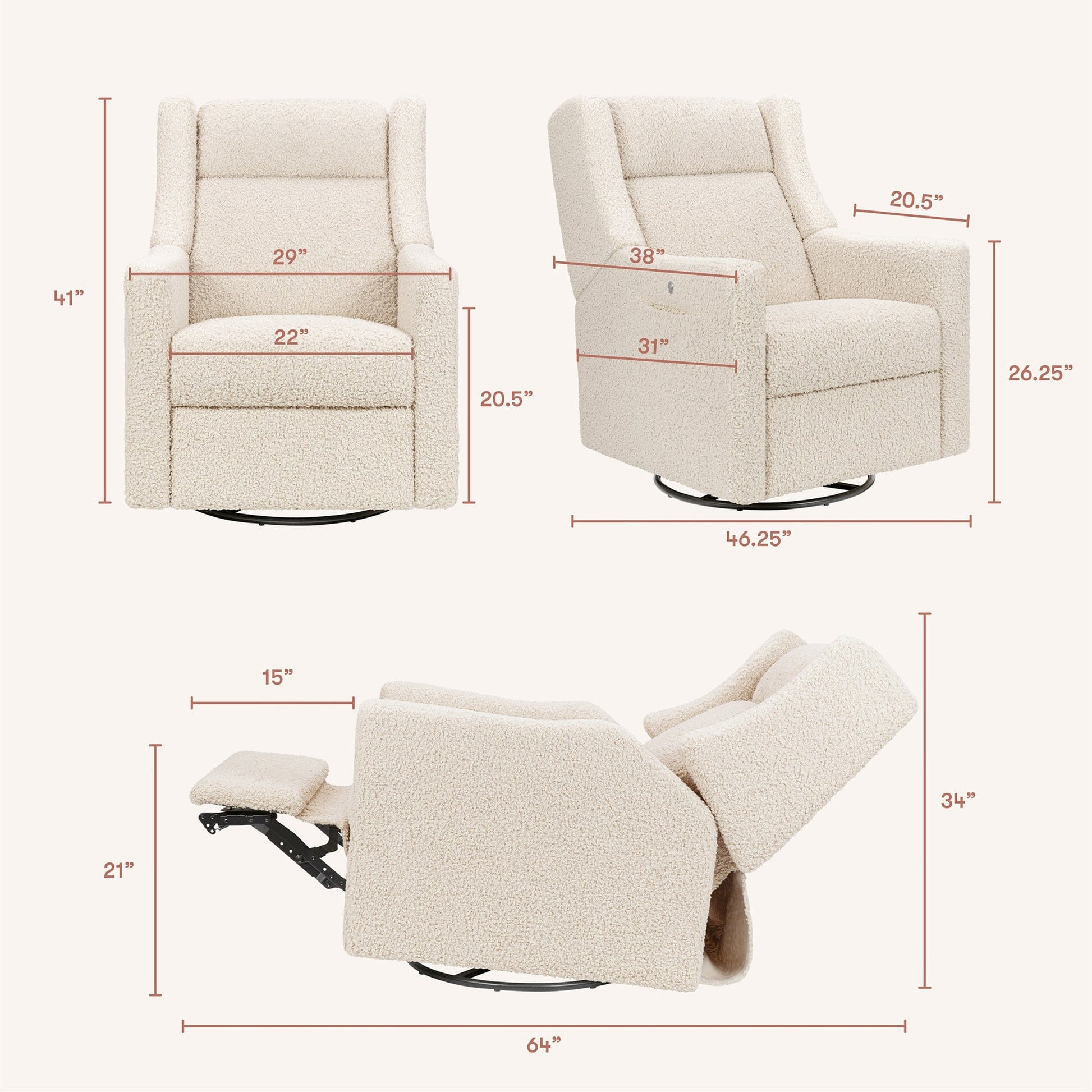 Babyletto Kiwi Deluxe Power Recliner and Swivel Glider with Heat and Massage - Almond Teddy Loop - M11283AT