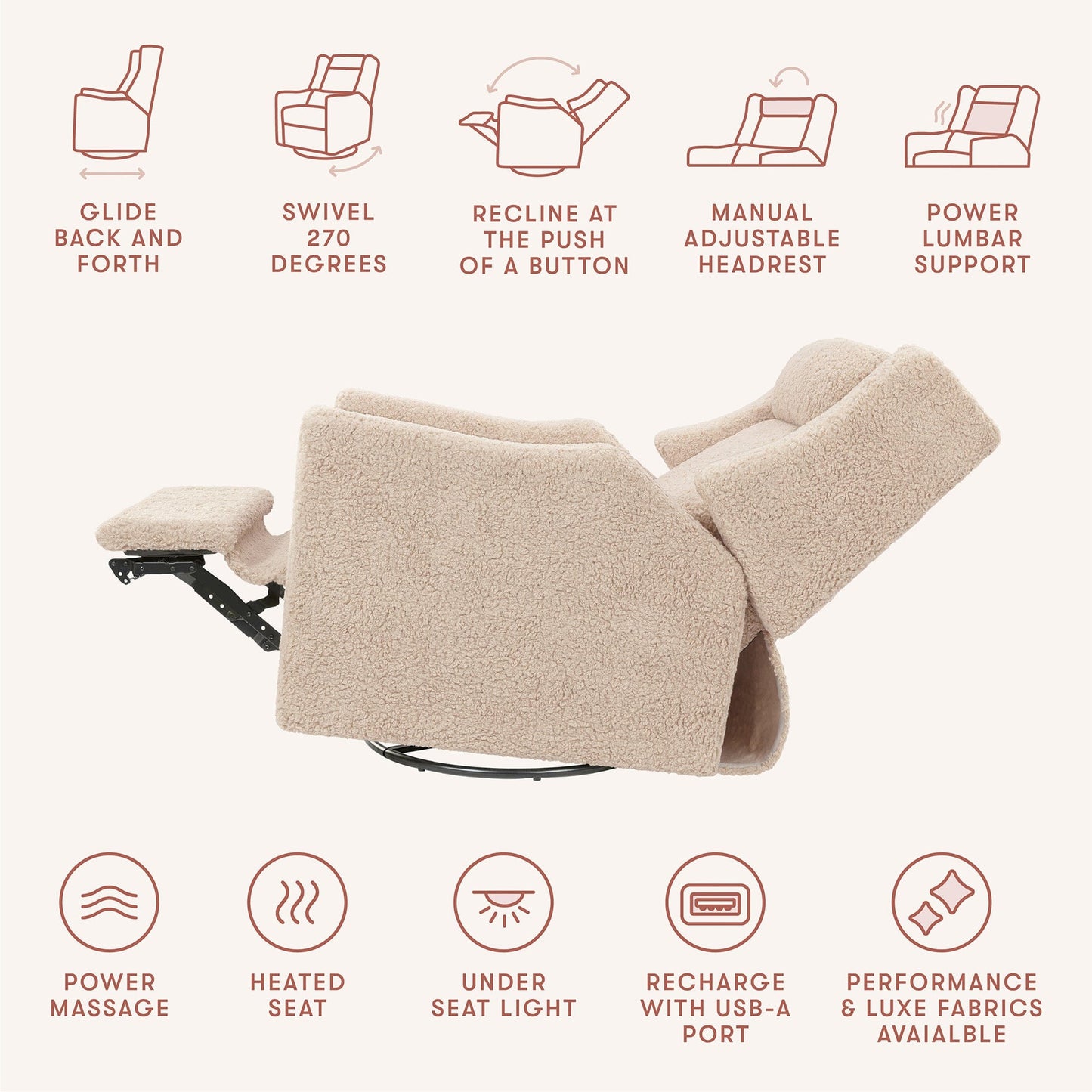 Babyletto Kiwi Deluxe Power Recliner and Swivel Glider with Heat and Massage - Chai Shearling - M11283CSG