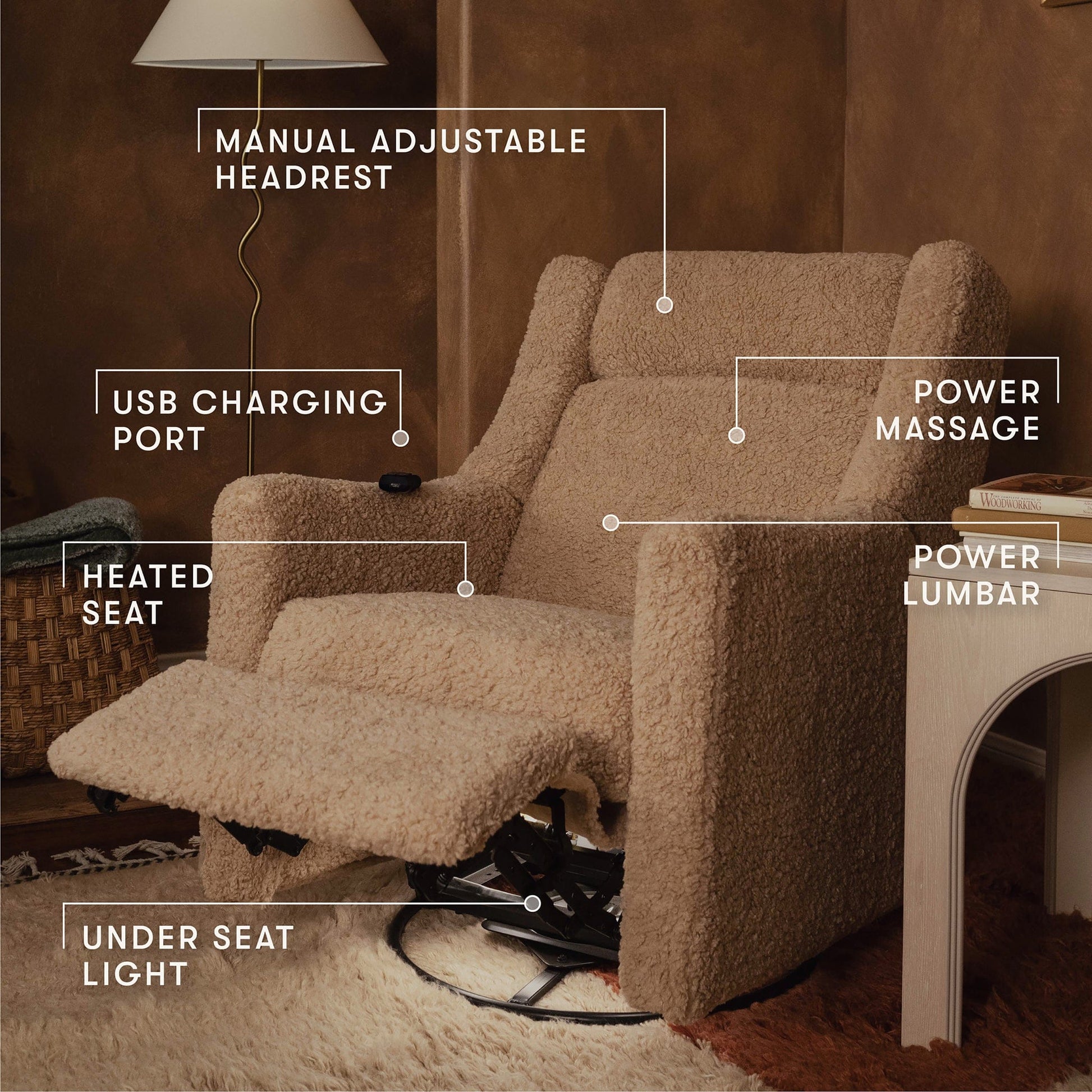 Babyletto Kiwi Deluxe Power Recliner and Swivel Glider with Heat and Massage - Chai Shearling - M11283CSG