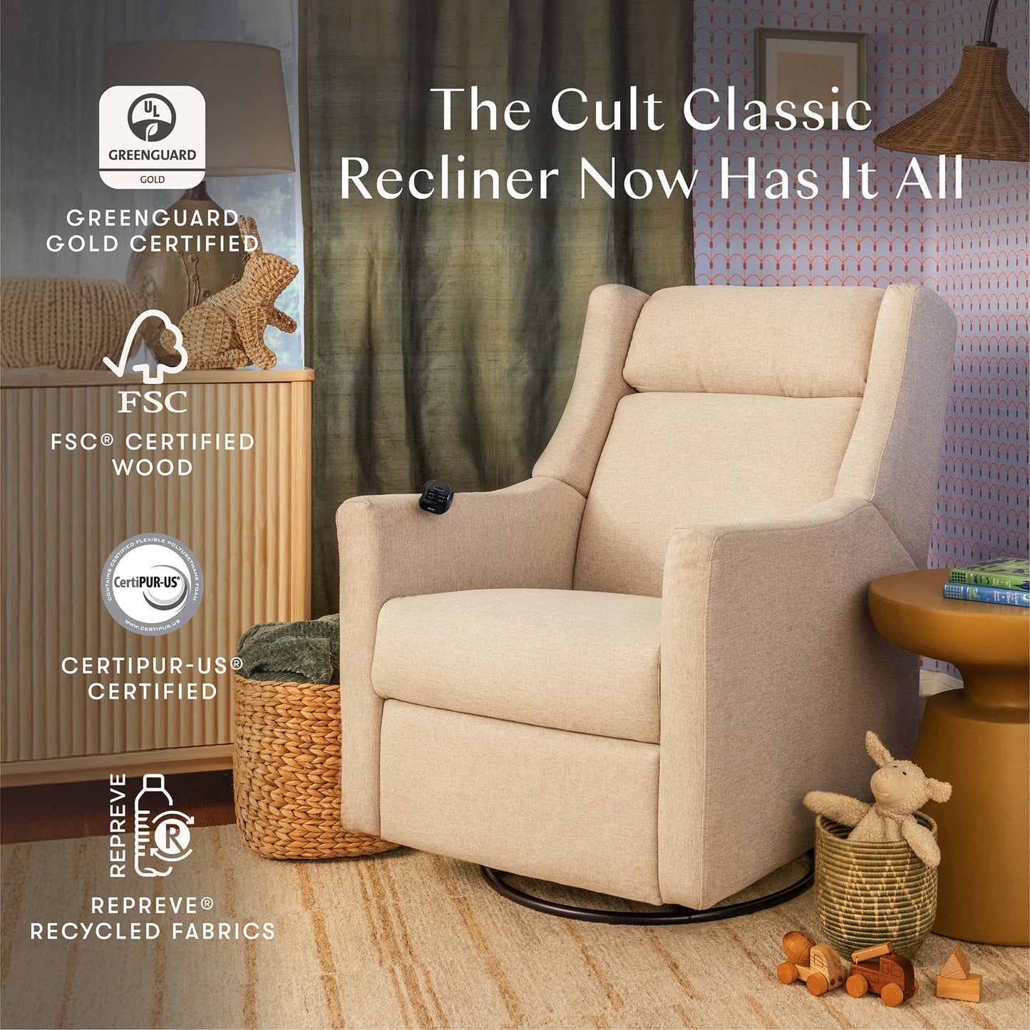 Babyletto Kiwi Deluxe Power Recliner and Swivel Glider with Heat and Massage - Performance Beach Eco-Weave - M11283PBEW