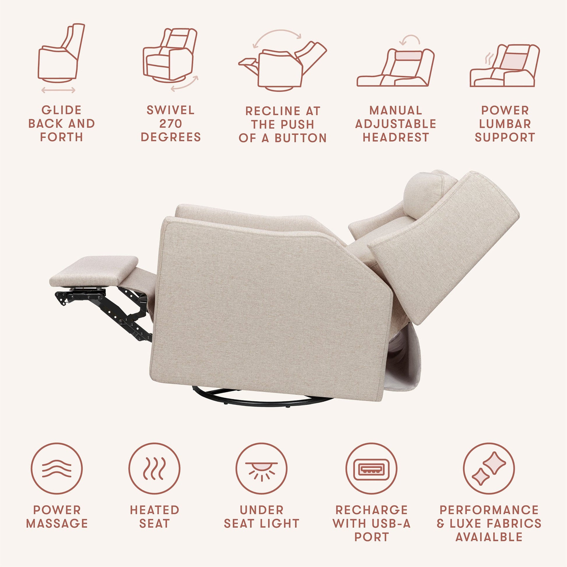 Babyletto Kiwi Deluxe Power Recliner and Swivel Glider with Heat and Massage - Performance Beach Eco-Weave - M11283PBEW