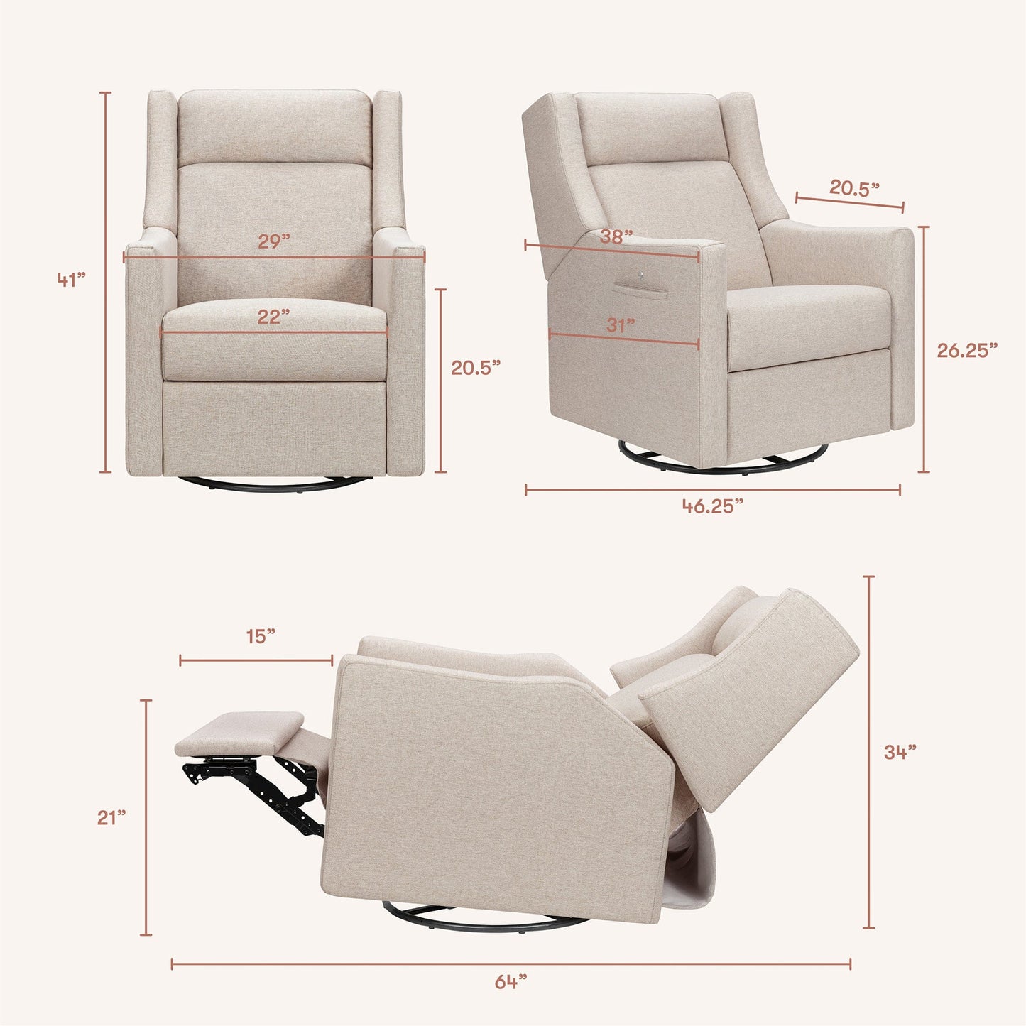 Babyletto Kiwi Deluxe Power Recliner and Swivel Glider with Heat and Massage - Performance Beach Eco-Weave - M11283PBEW