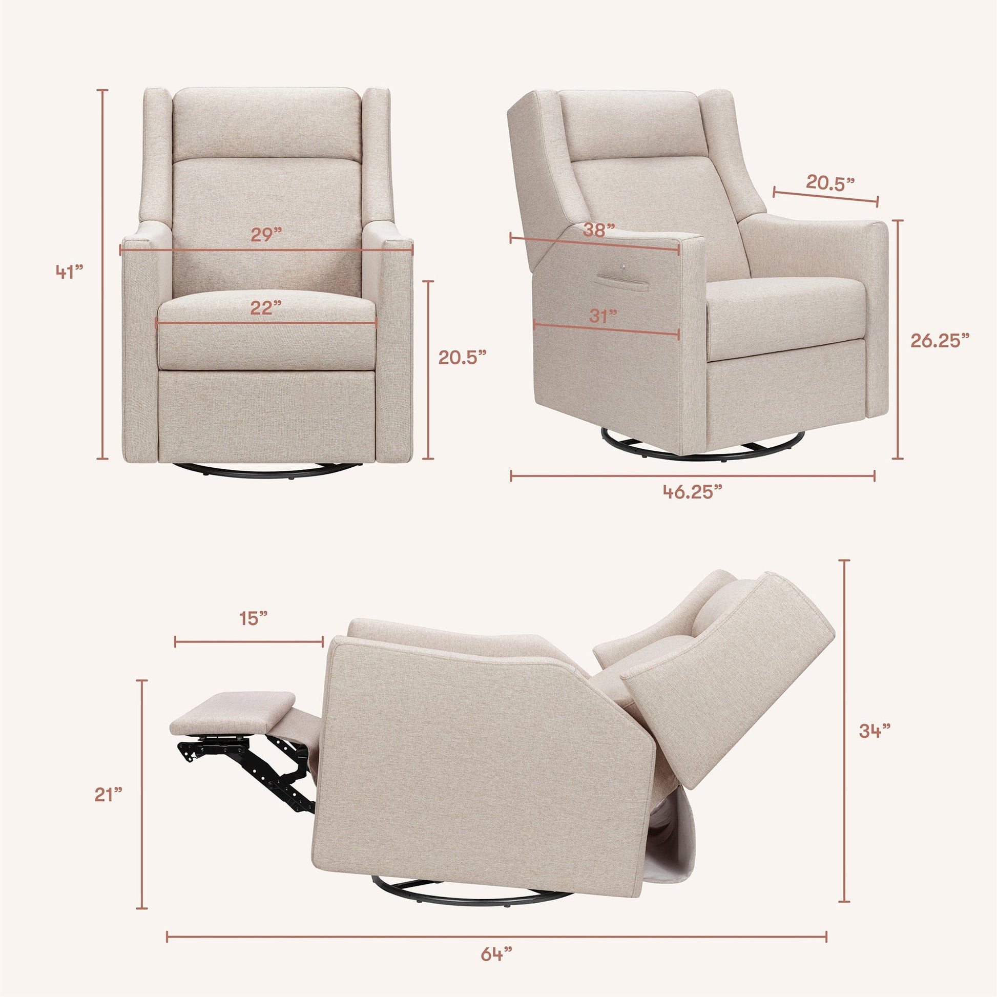 Babyletto Kiwi Deluxe Power Recliner and Swivel Glider with Heat and Massage - Performance Beach Eco-Weave - M11283PBEW