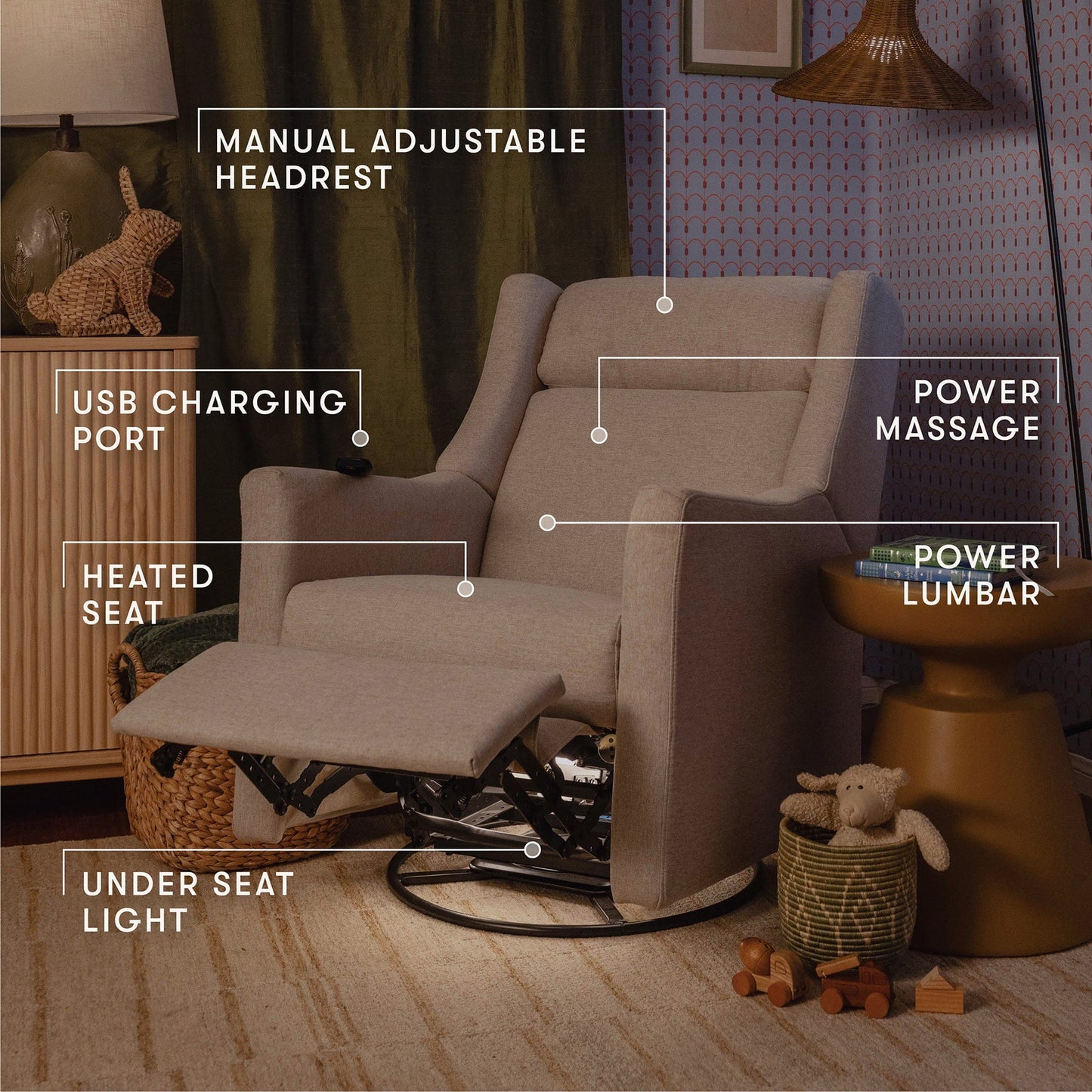 Babyletto Kiwi Deluxe Power Recliner and Swivel Glider with Heat and Massage - Performance Beach Eco-Weave - M11283PBEW