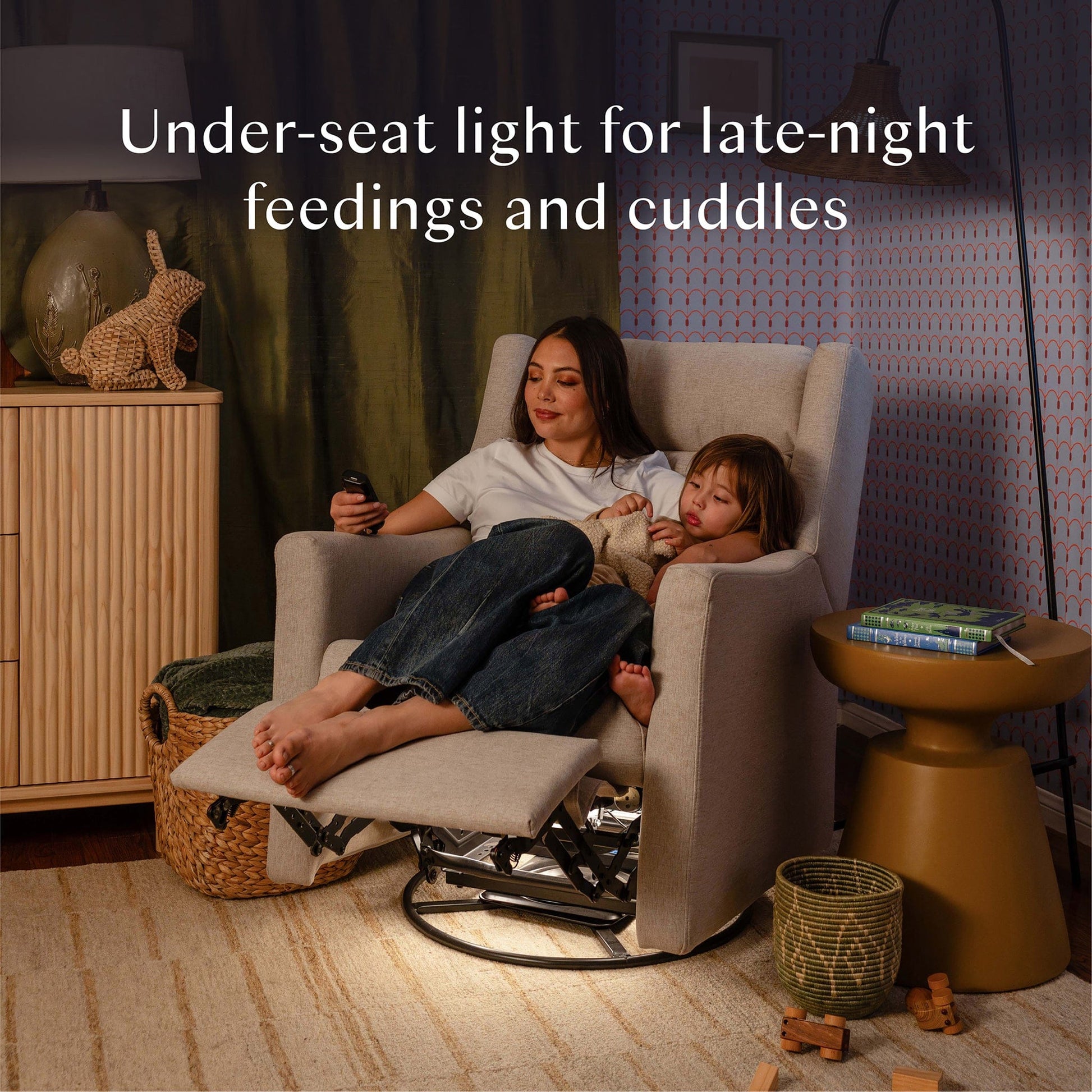 Babyletto Kiwi Deluxe Power Recliner and Swivel Glider with Heat and Massage - Performance Beach Eco-Weave - M11283PBEW