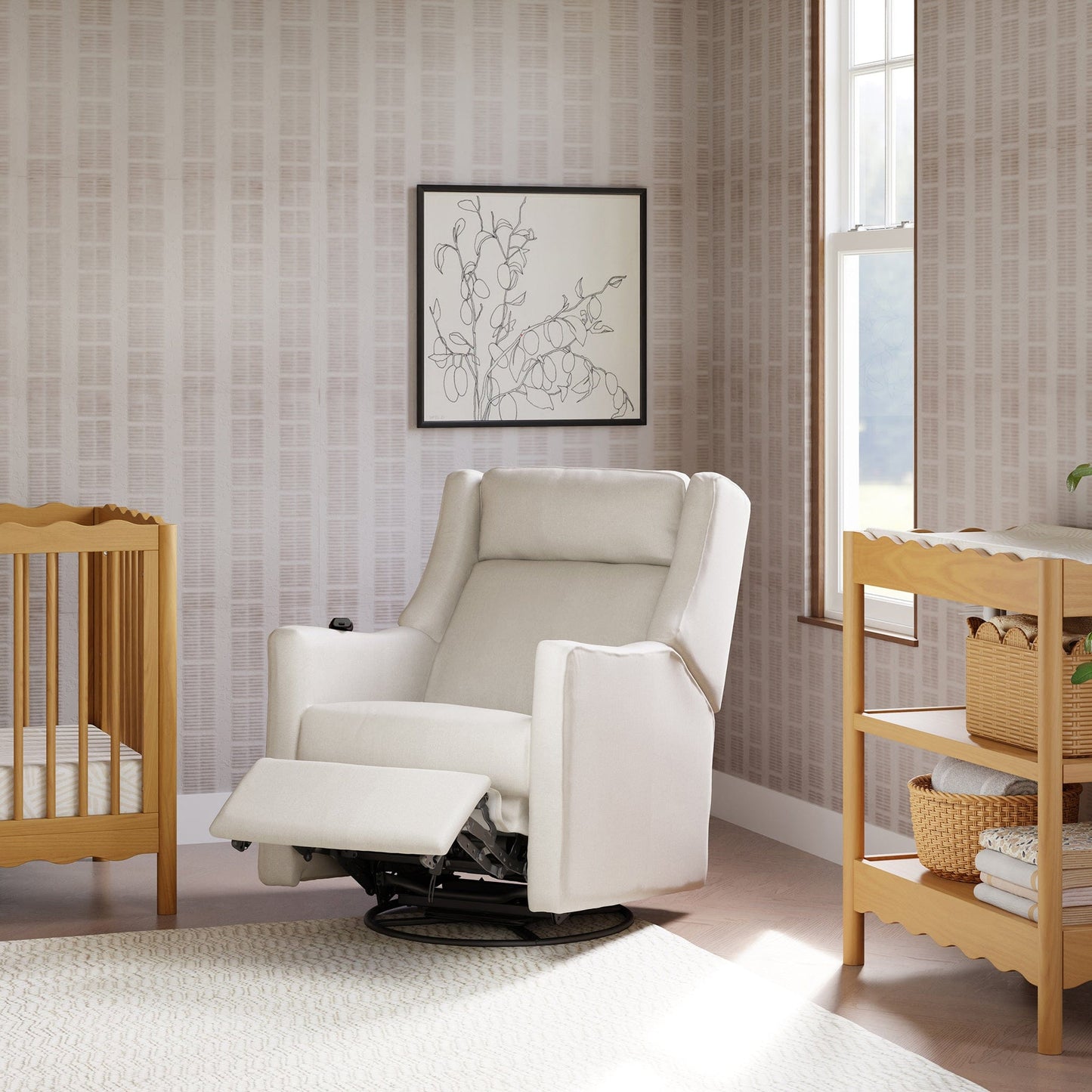 Babyletto Kiwi Deluxe Power Recliner and Swivel Glider with Heat and Massage - Performance Cream Eco-Weave - M11283PCMEW