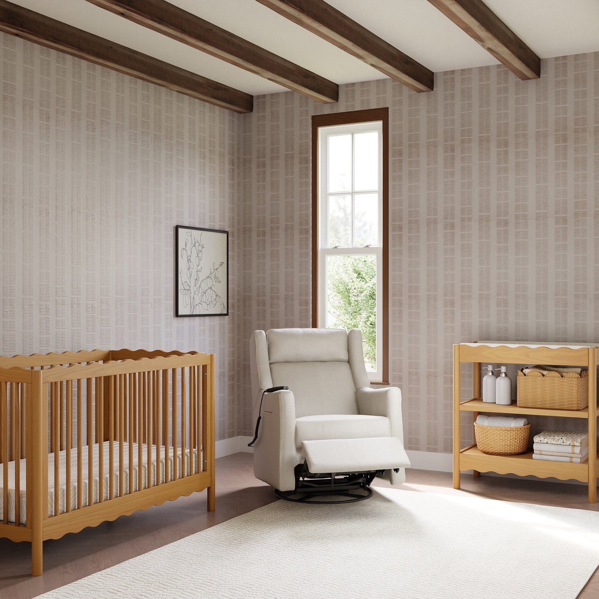 Babyletto Kiwi Deluxe Power Recliner and Swivel Glider with Heat and Massage - Performance Cream Eco-Weave - M11283PCMEW