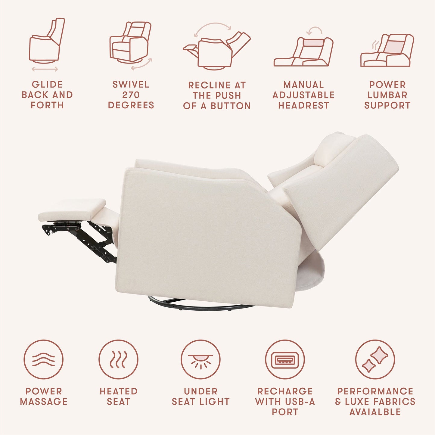 Babyletto Kiwi Deluxe Power Recliner and Swivel Glider with Heat and Massage - Performance Cream Eco-Weave - M11283PCMEW
