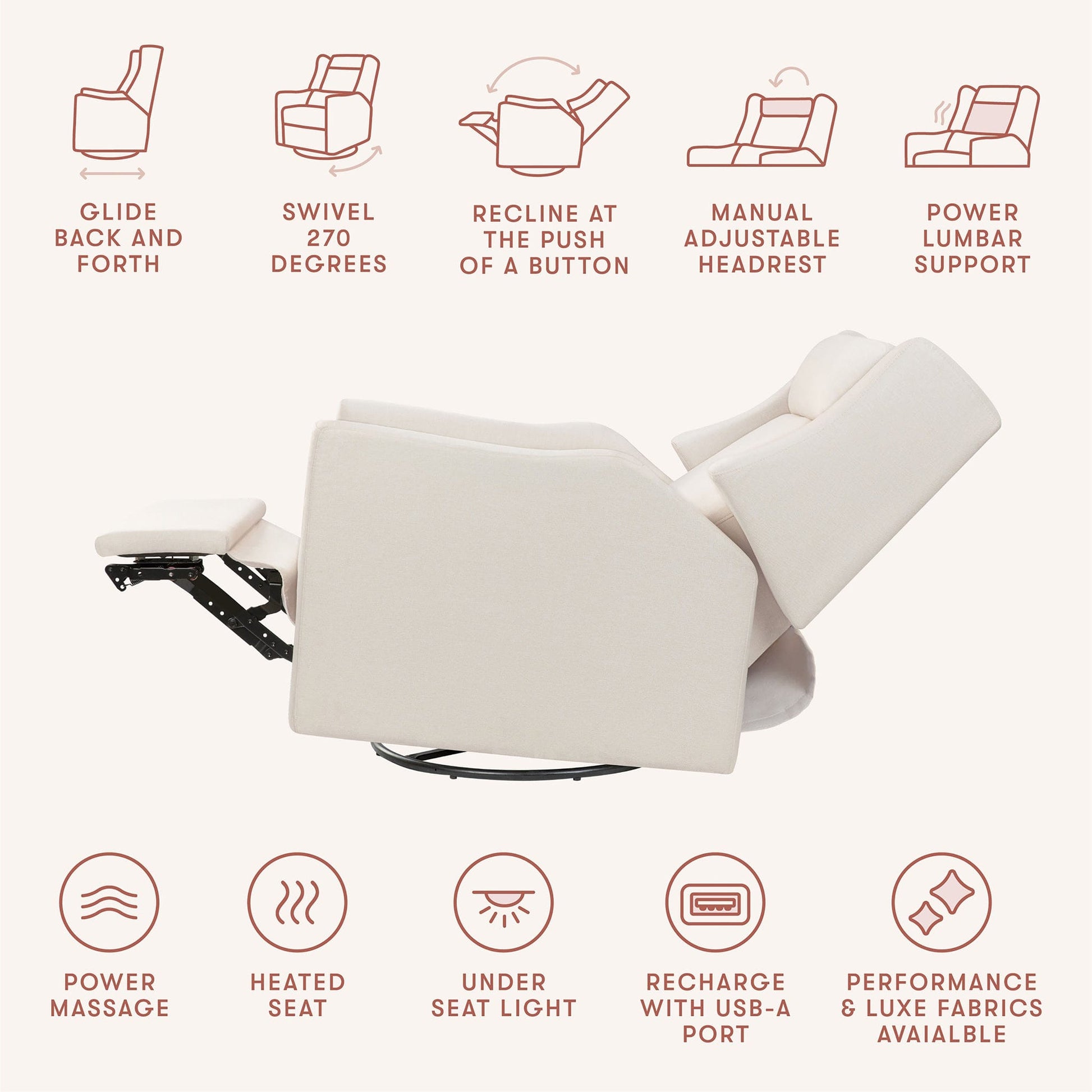 Babyletto Kiwi Deluxe Power Recliner and Swivel Glider with Heat and Massage - Performance Cream Eco-Weave - M11283PCMEW