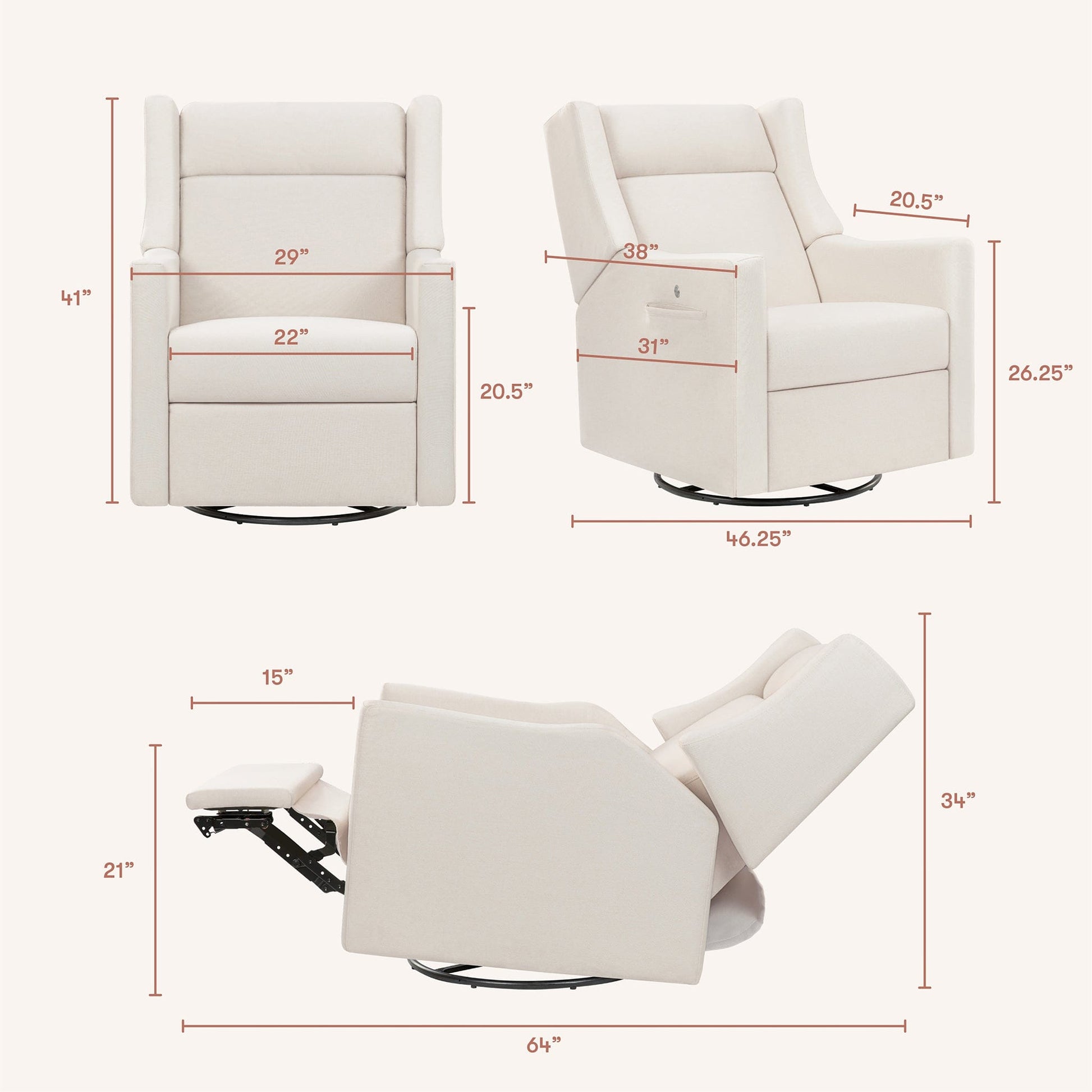 Babyletto Kiwi Deluxe Power Recliner and Swivel Glider with Heat and Massage - Performance Cream Eco-Weave - M11283PCMEW