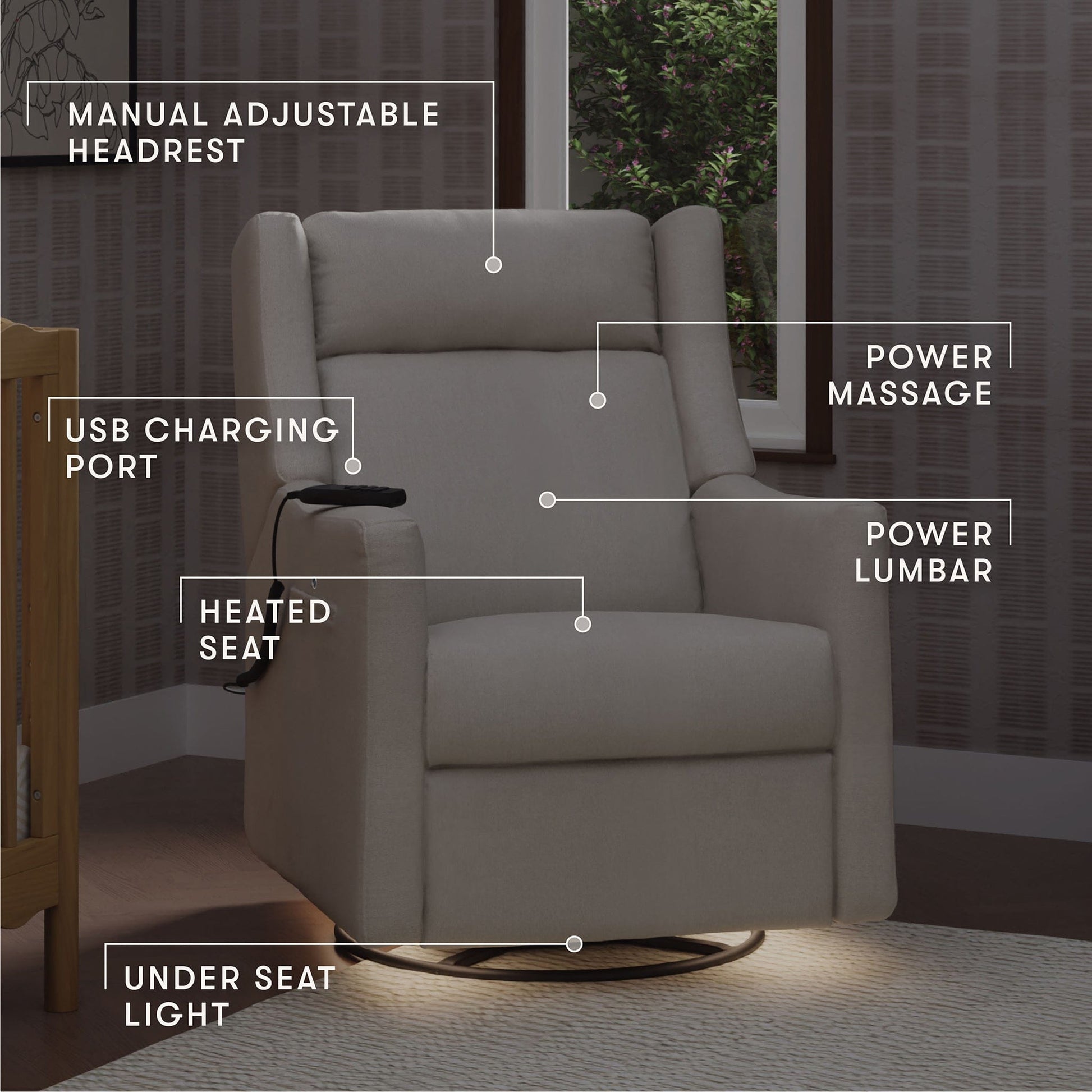 Babyletto Kiwi Deluxe Power Recliner and Swivel Glider with Heat and Massage - Performance Cream Eco-Weave - M11283PCMEW